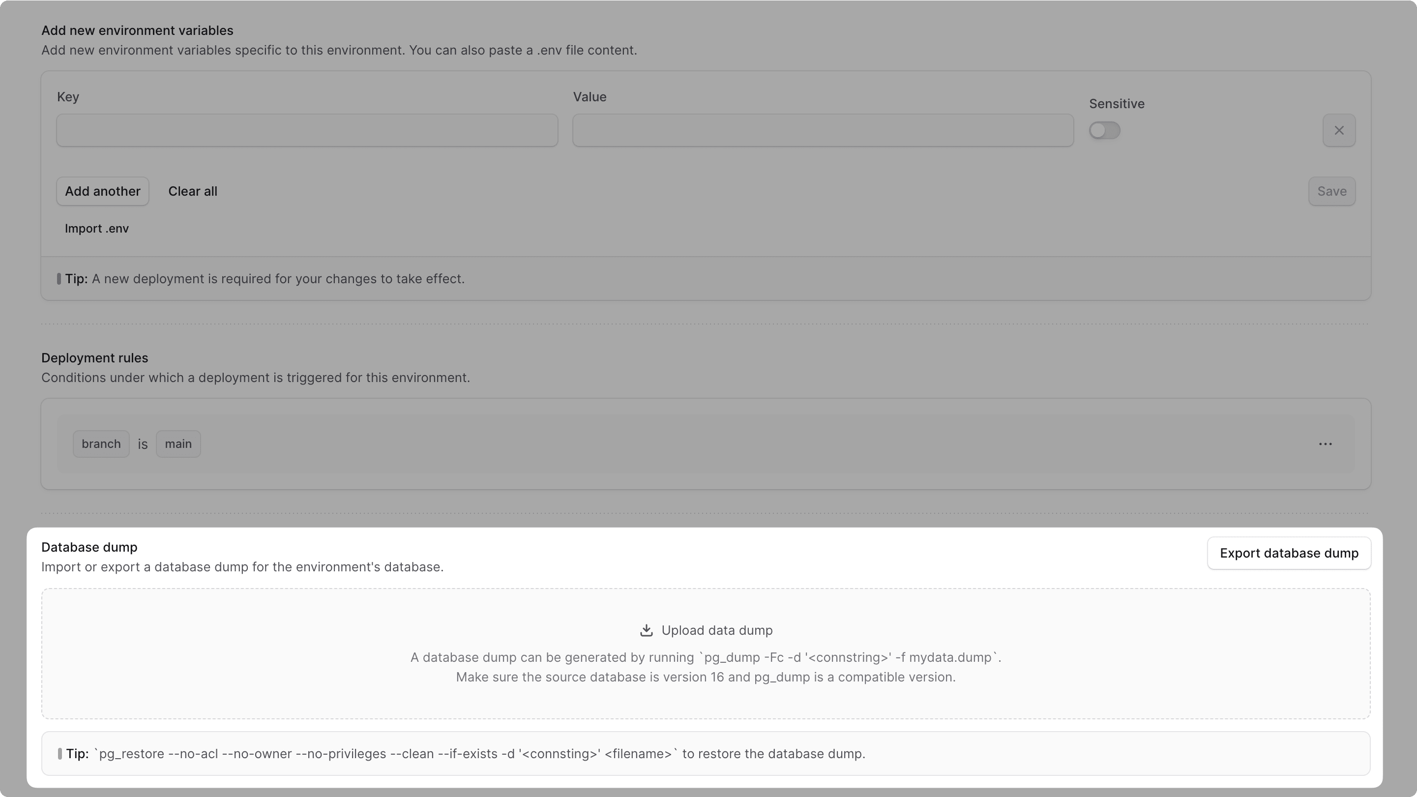 Database dump section highlighted in the environment settings
