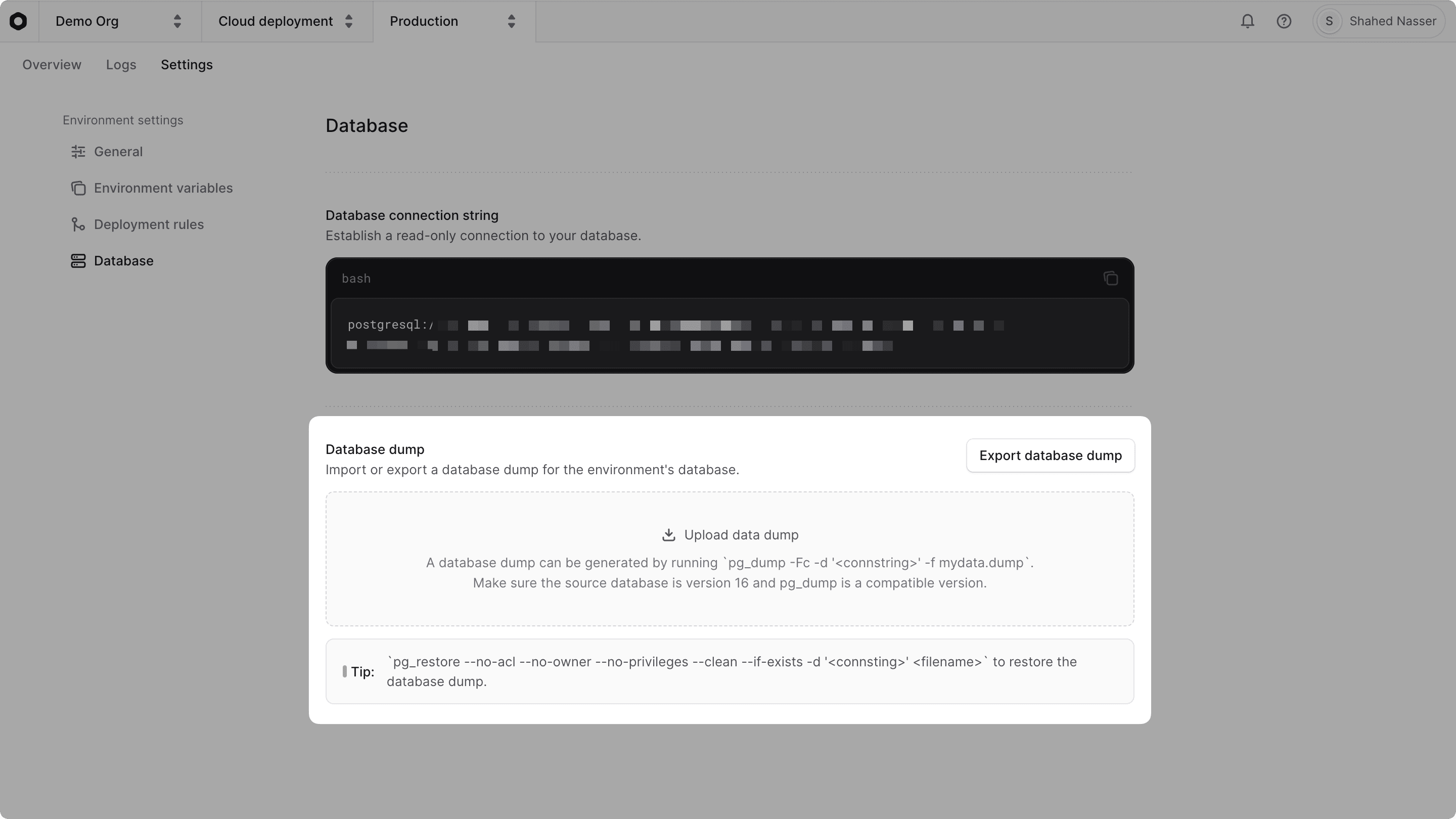 Database dump section highlighted in the environment settings