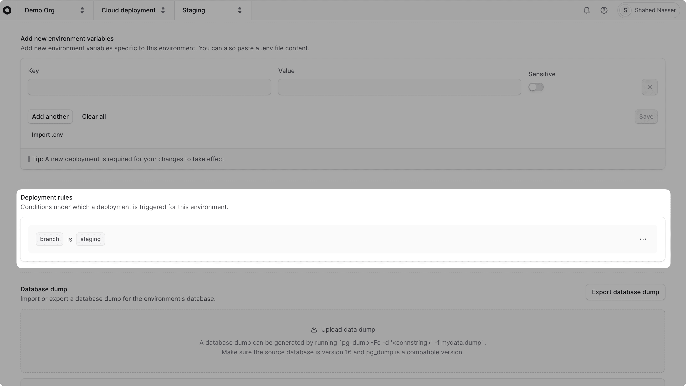 Deployment rules section in the environment's settings tab