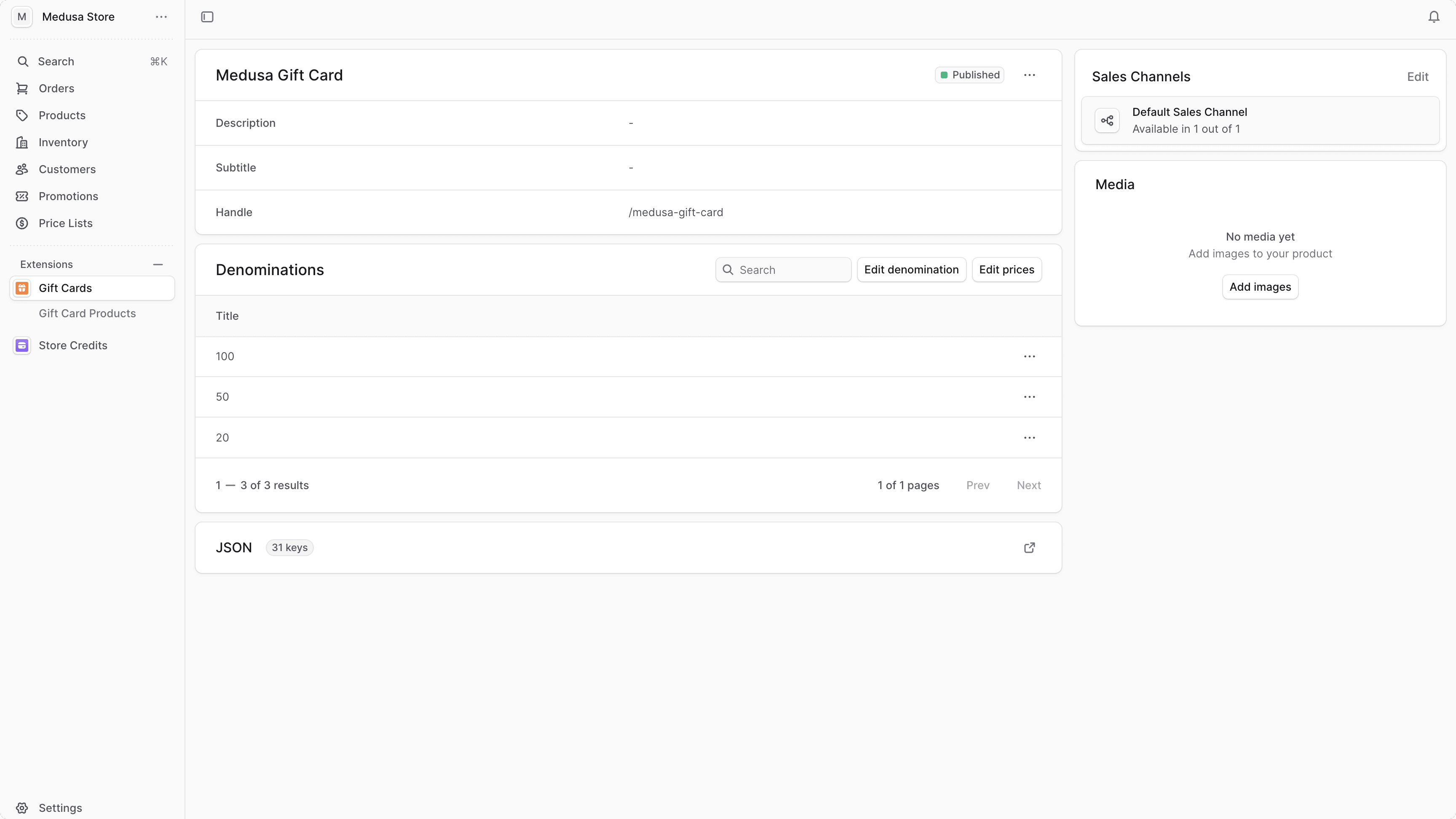 A screenshot of a gift card's details in the Medusa Admin dashboard