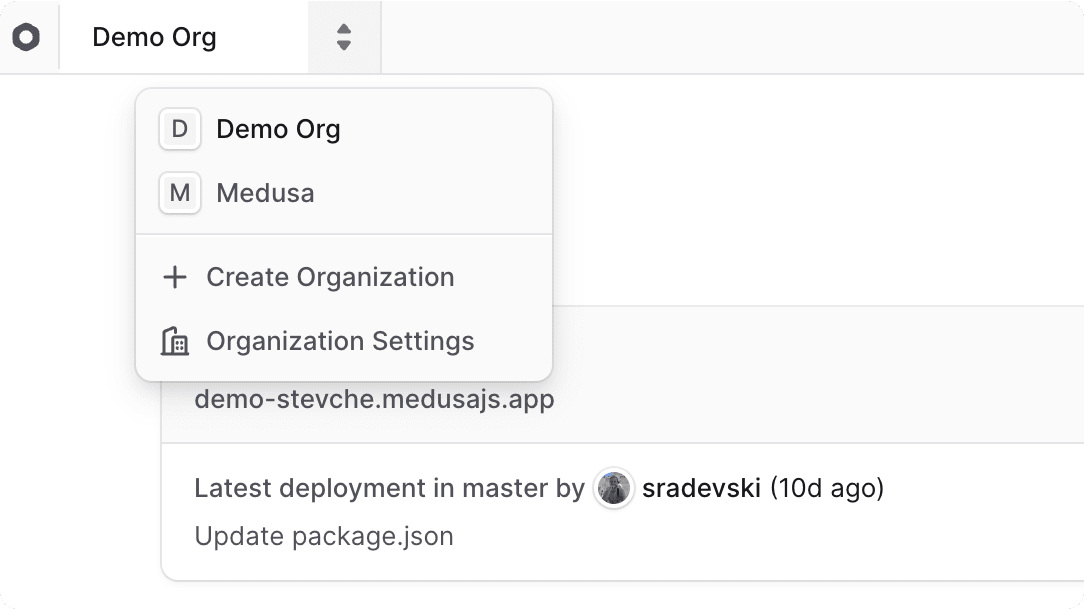 Organization switcher dropdown opened
