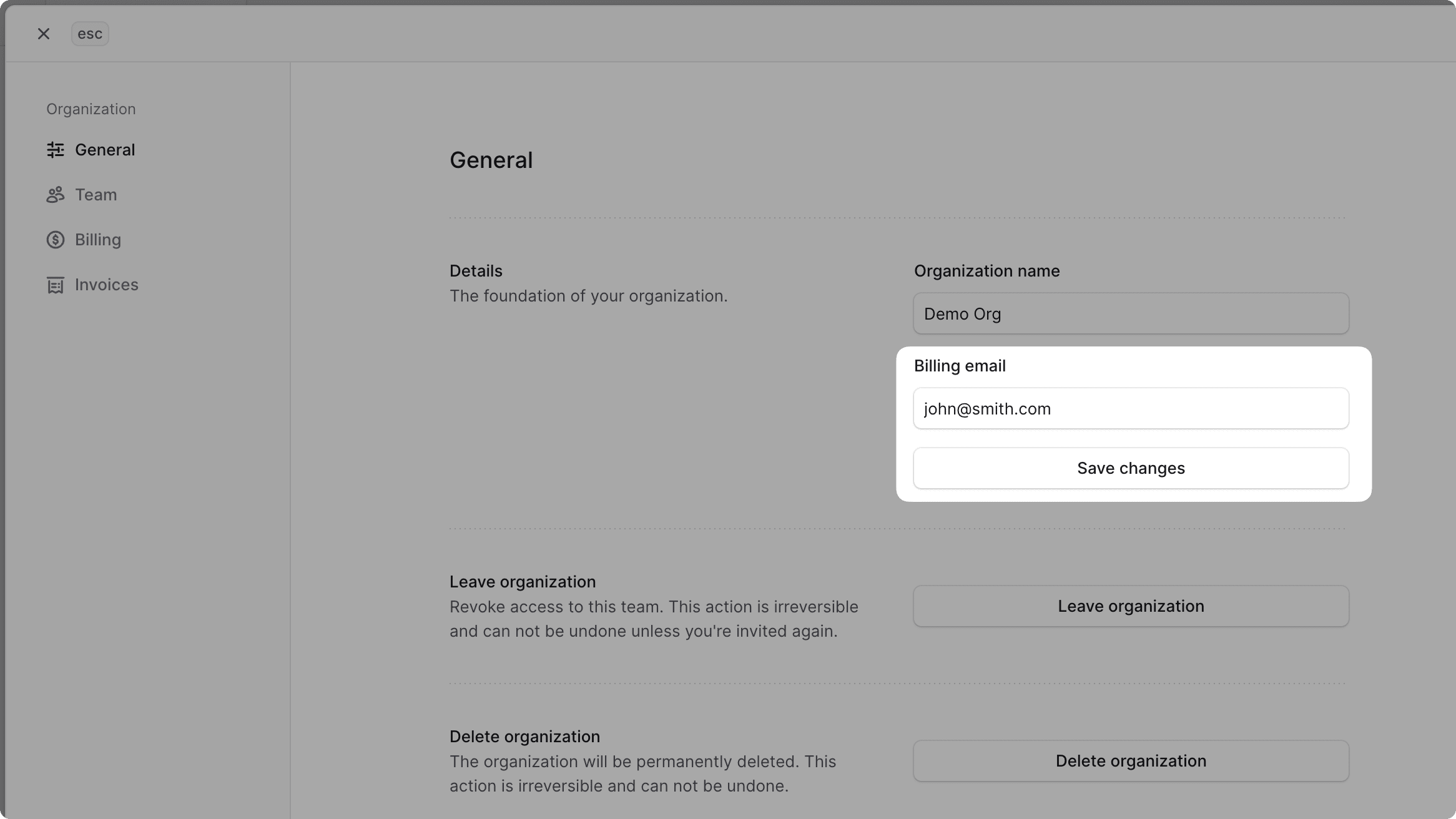 Billing email field highlighted in the General settings