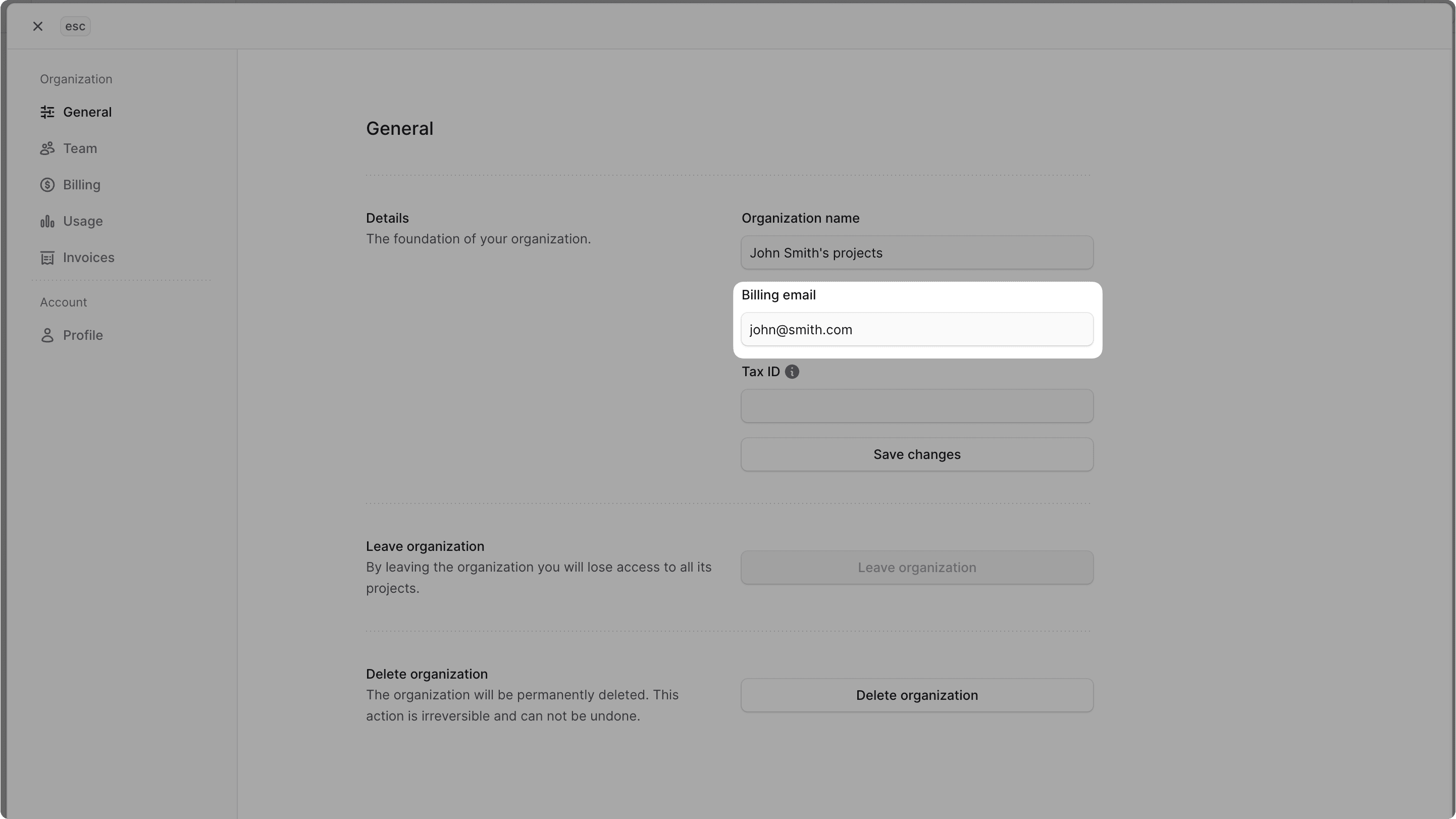 Billing email field highlighted in the General settings