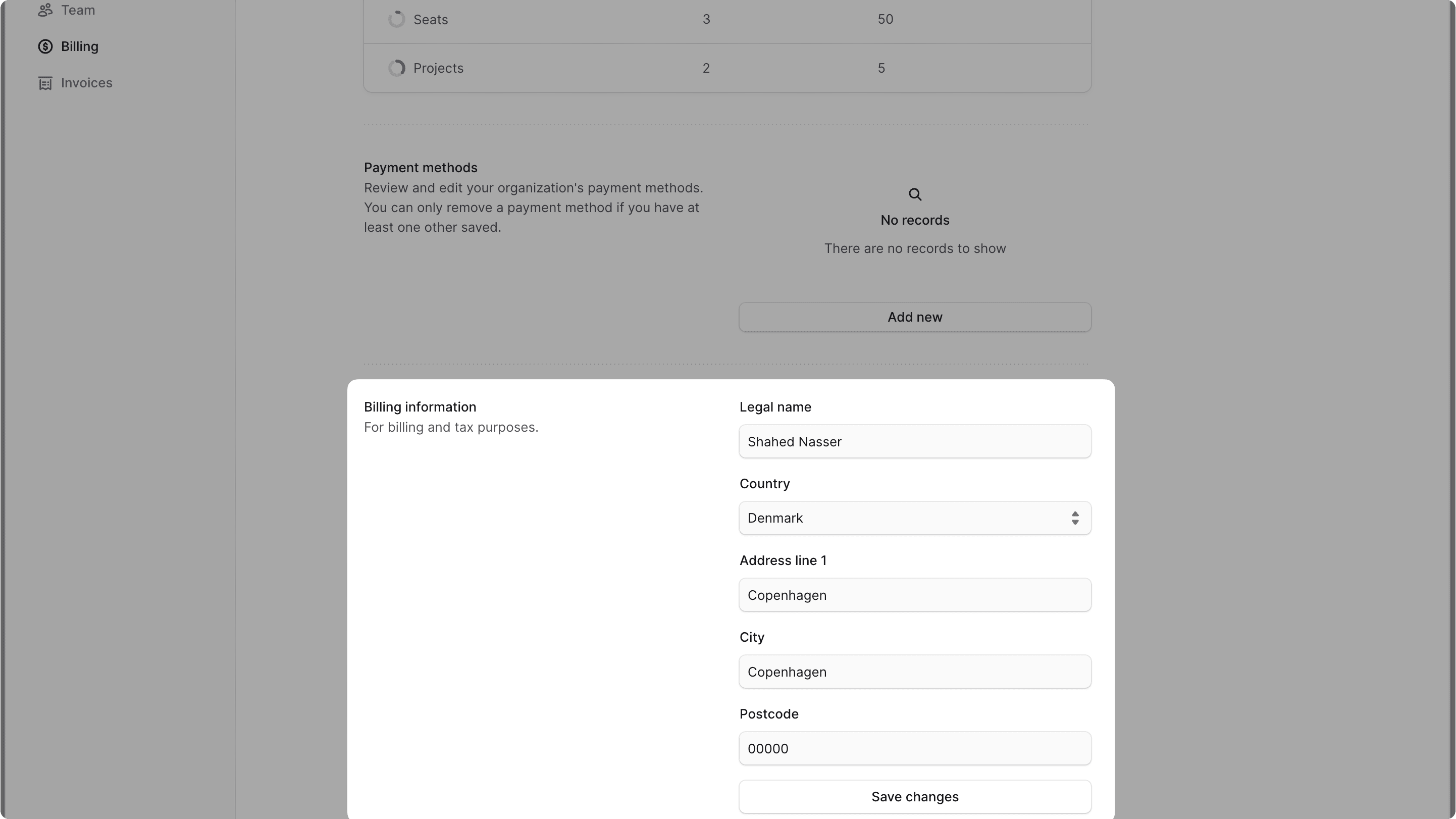 Billing information section in the Billing settings