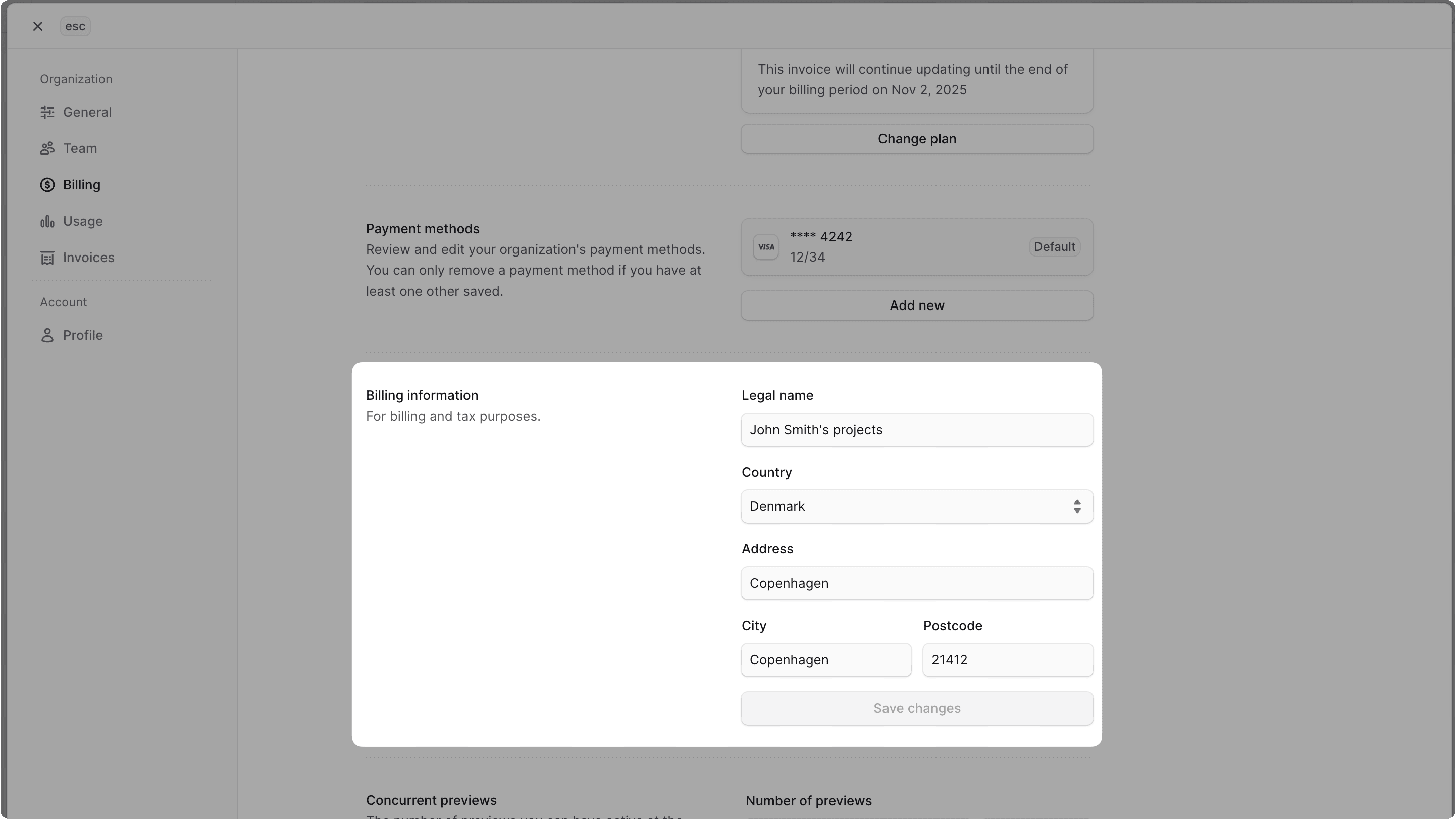 Billing information section in the Billing settings