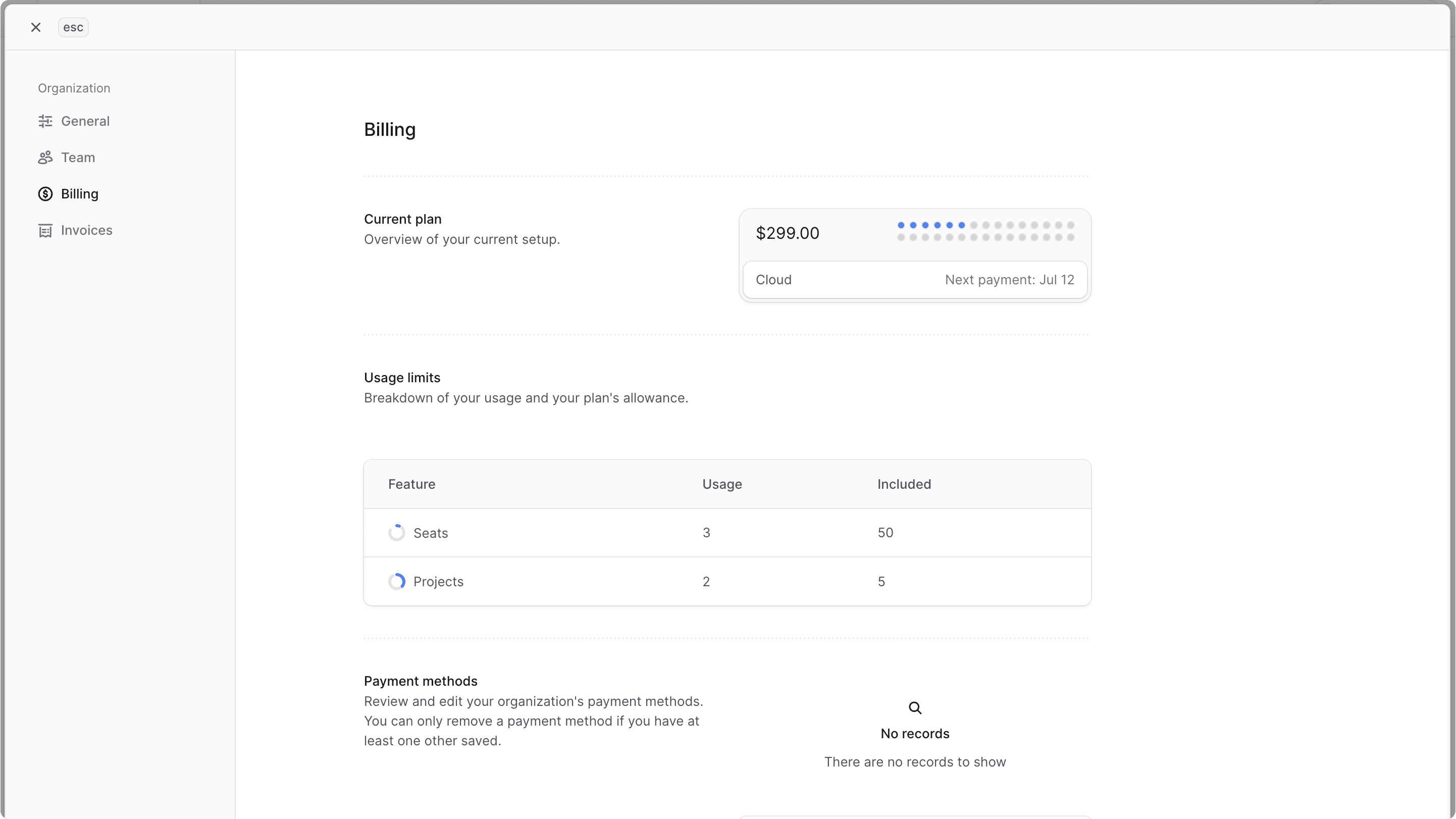Usage limits sections in the Billing settings