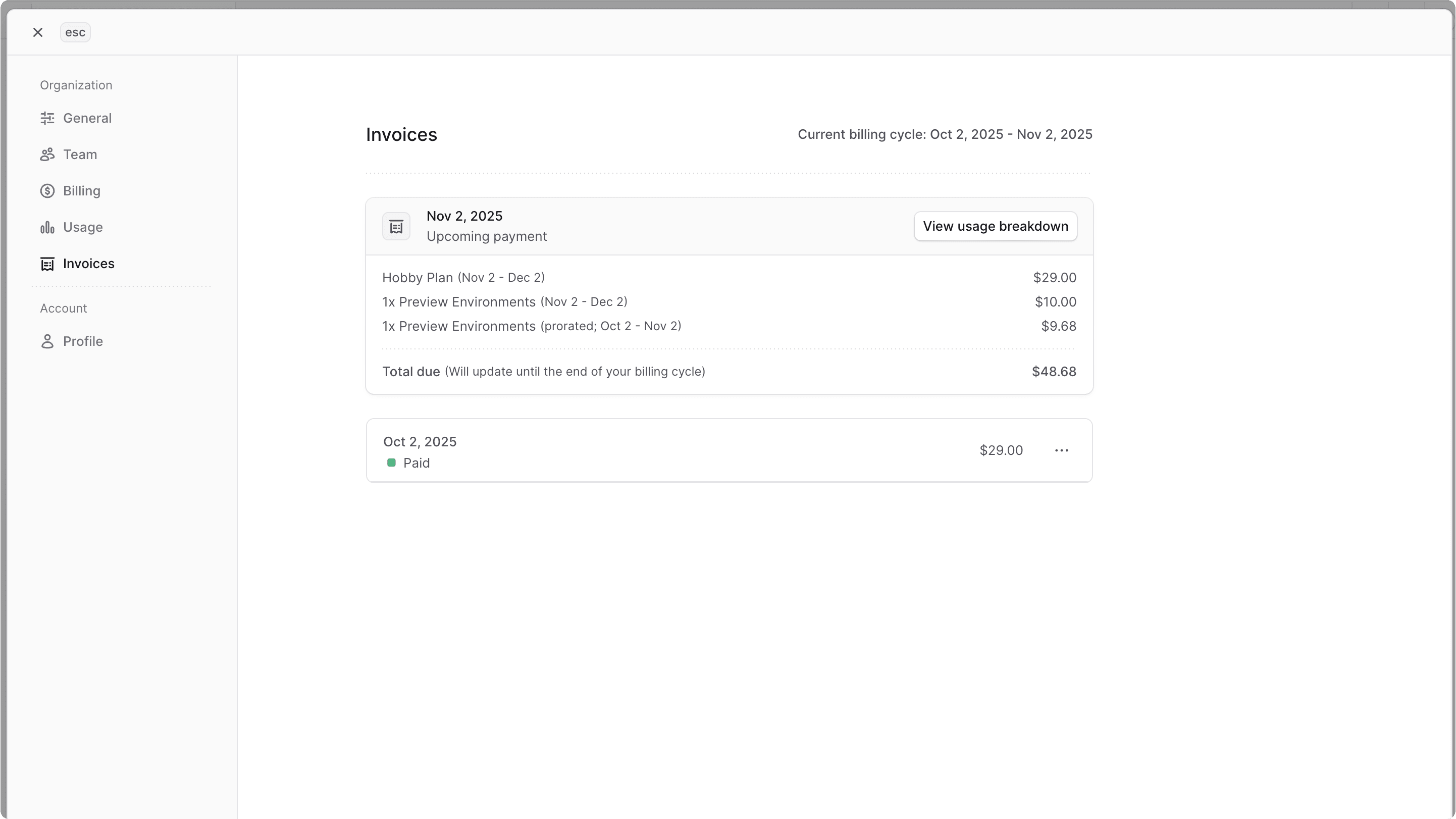 Invoices section in the Invoices settings