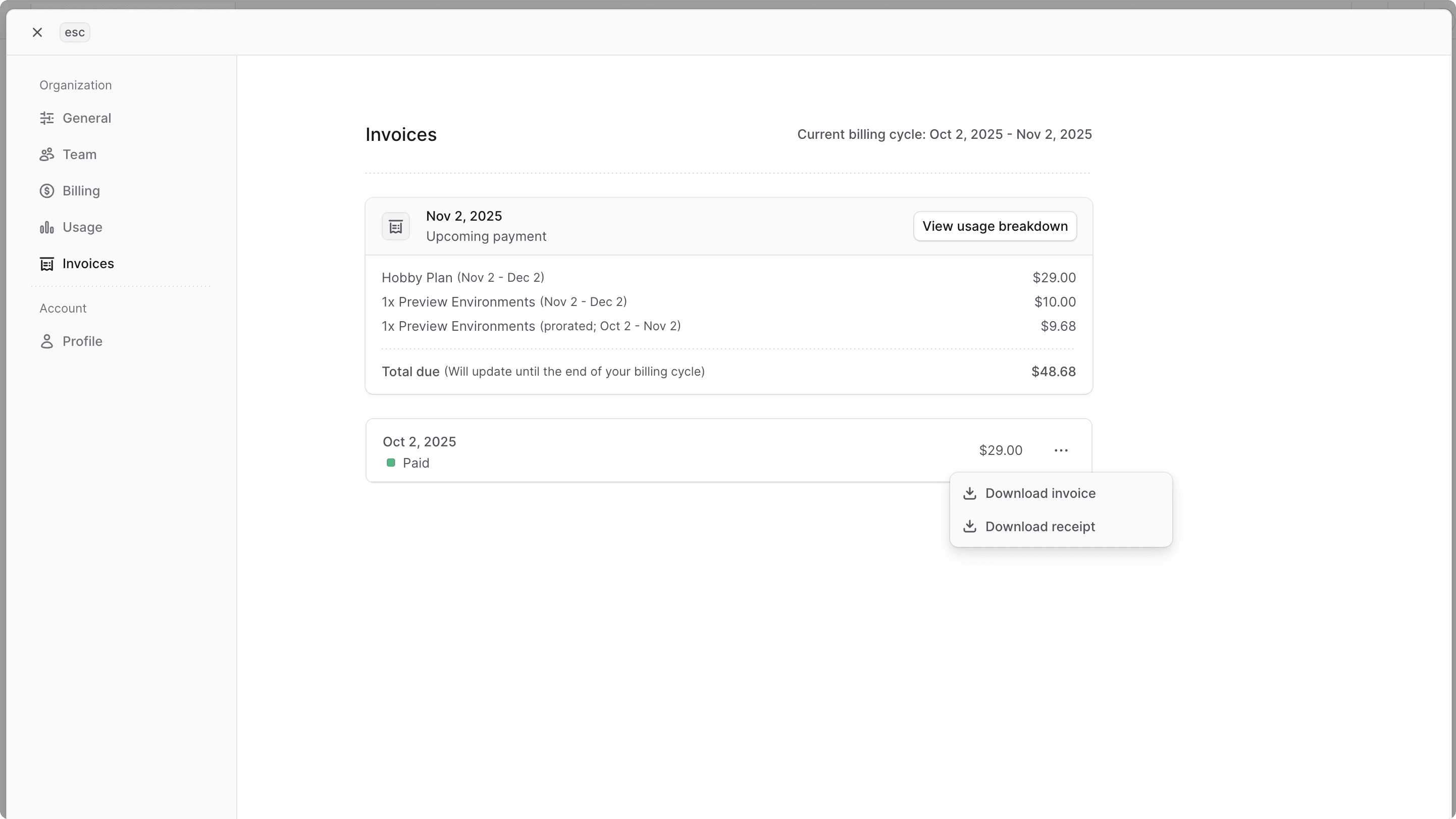 Download invoice icon in the Invoices settings