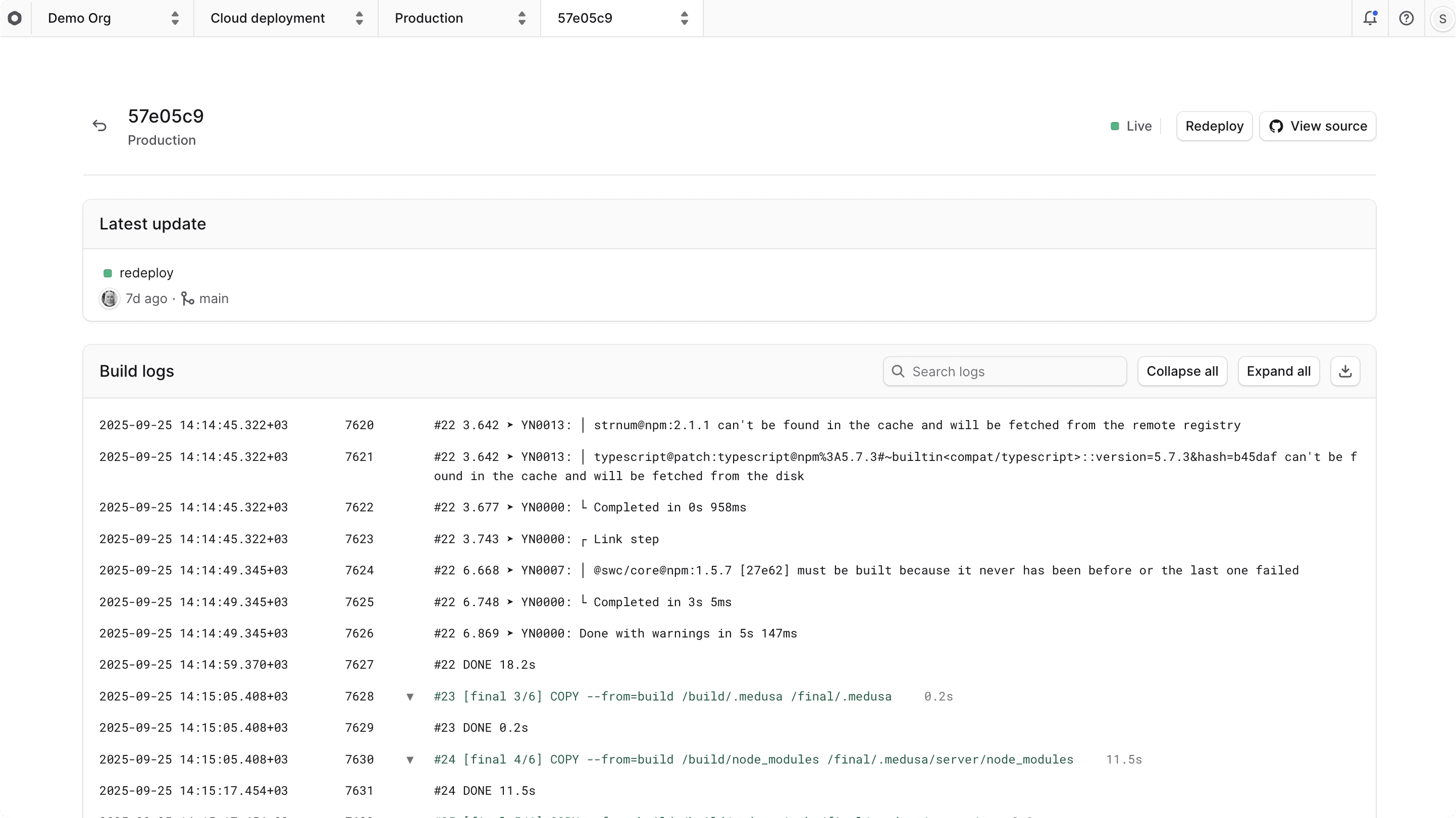 Build Logs for a deployment