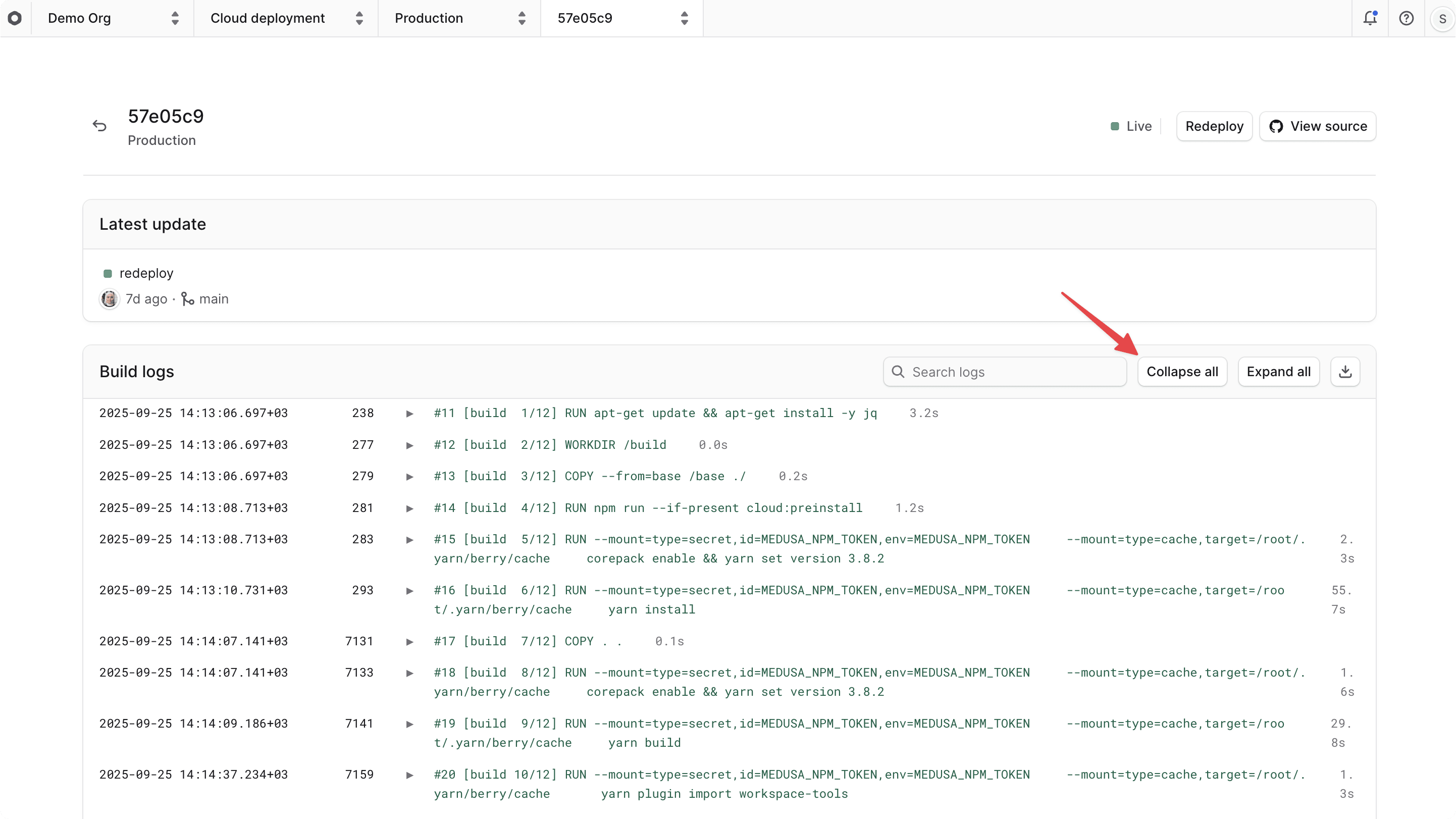 Build logs collapsed