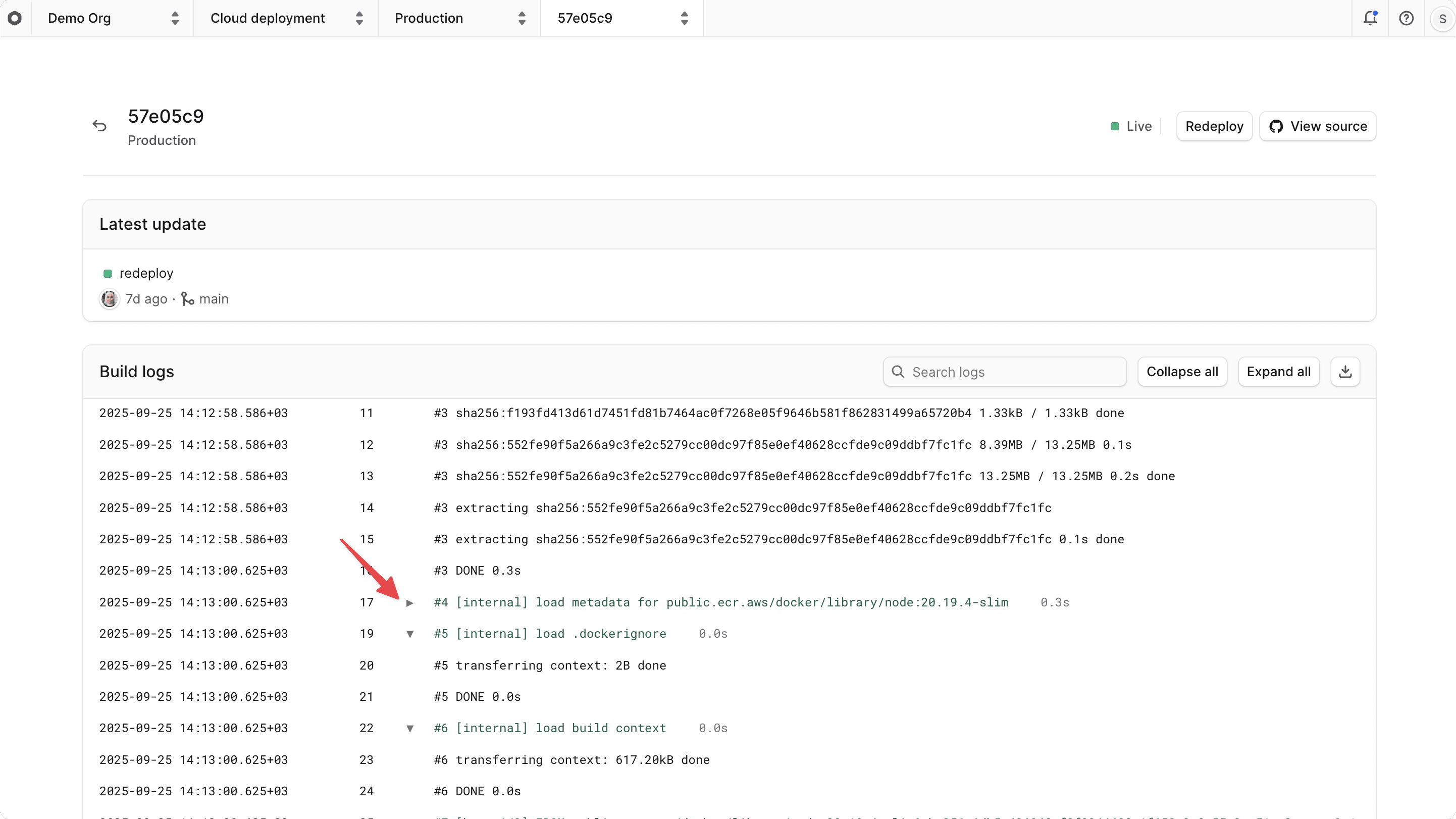 Build logs with one step collapsed