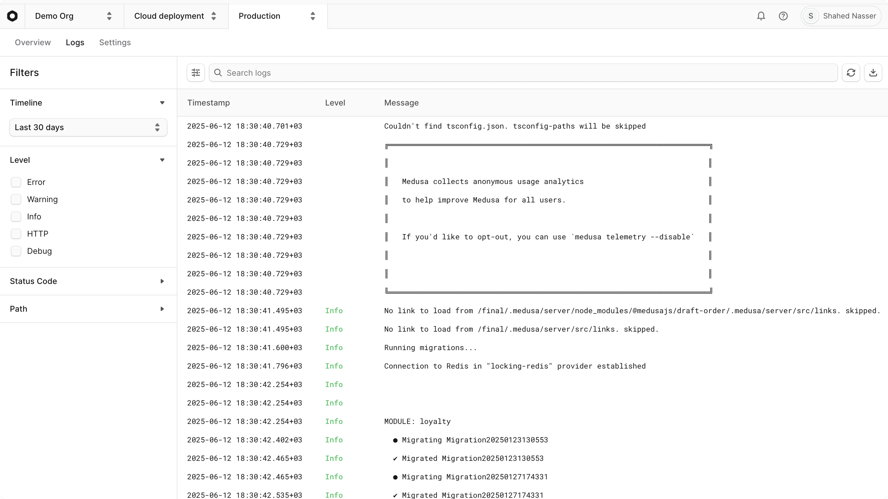 Runtime Logs for an environment
