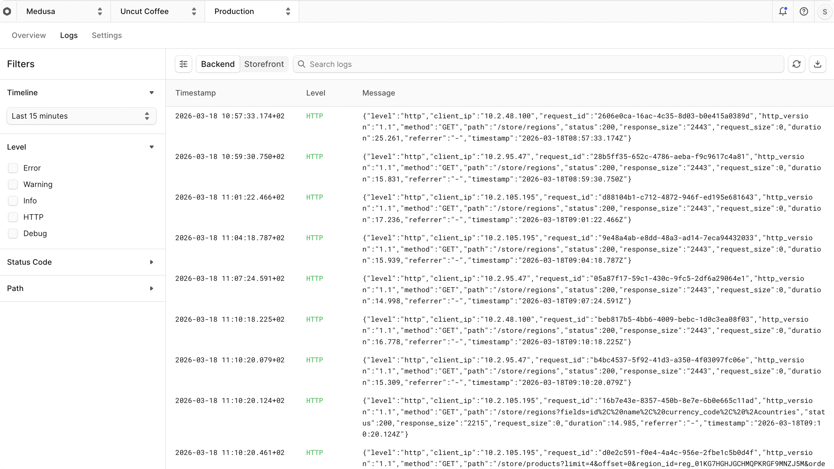 Runtime Logs for an environment