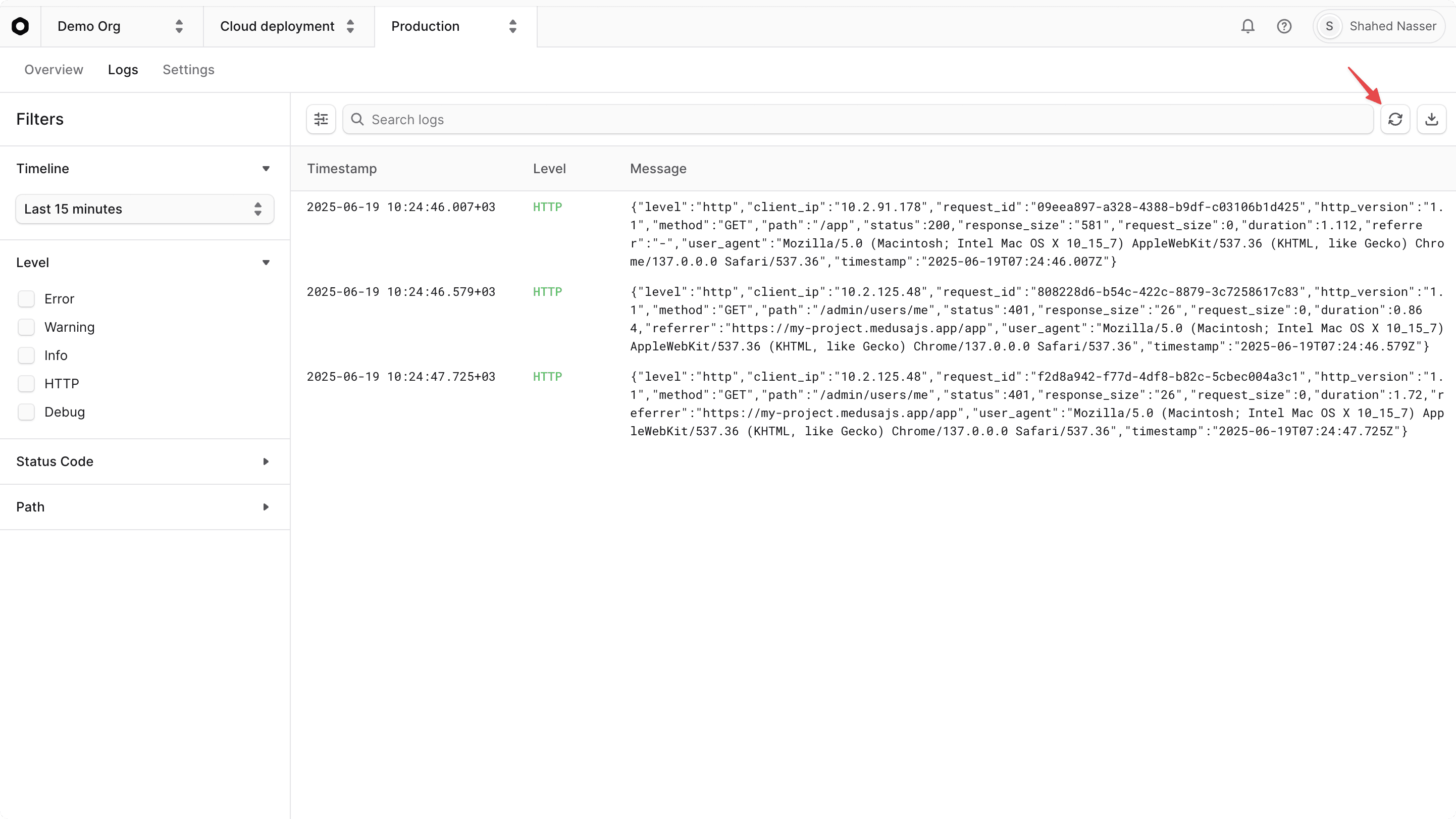 Refresh Runtime Logs button