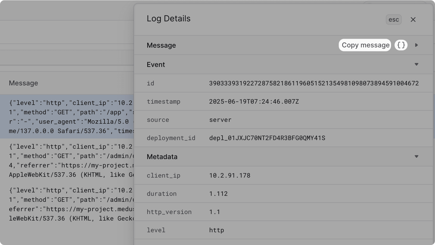 Buttons at the top right of the logs details sidebar