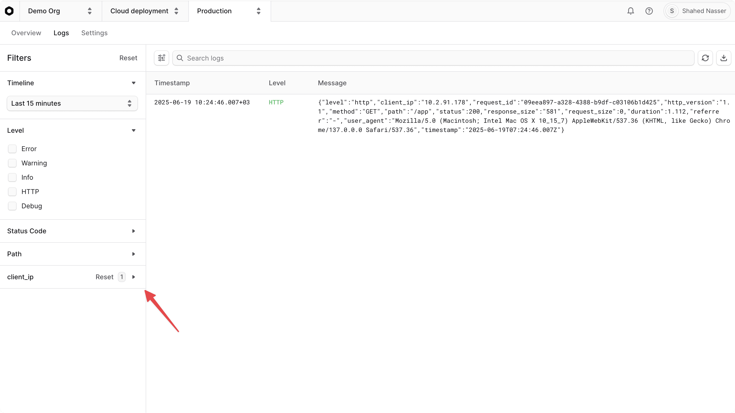 Metadata filter applied to the logs