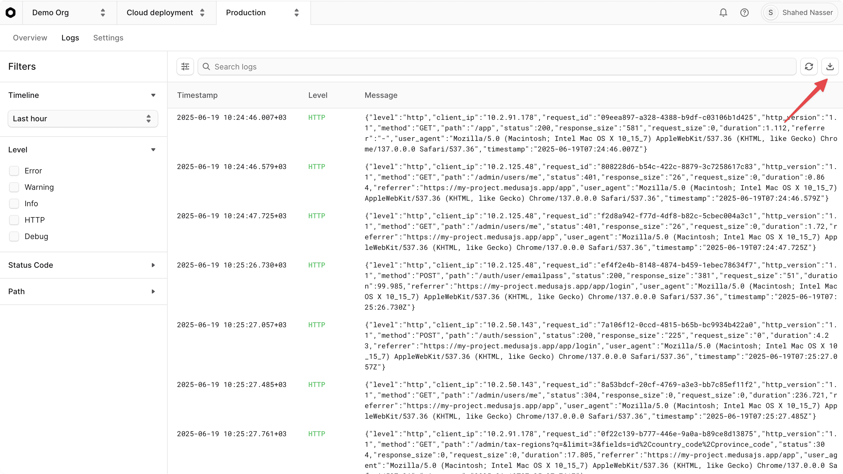 Download Runtime Logs button