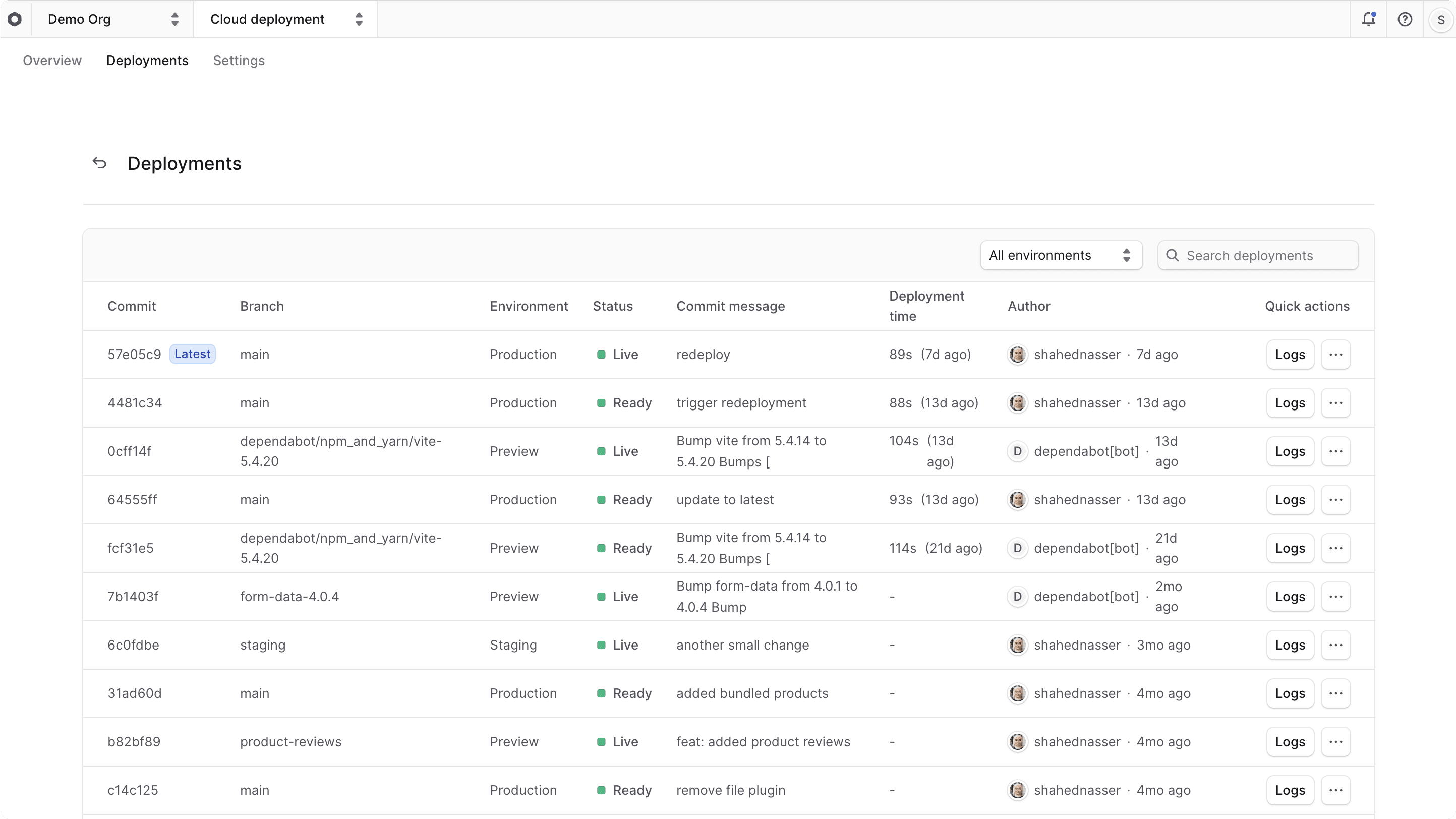 Cloud project dashboard showing the Deployments tab interface with a table displaying deployment history including columns for branch names, target environments, deployment status indicators, commit information, and timestamps for tracking project deployment activity