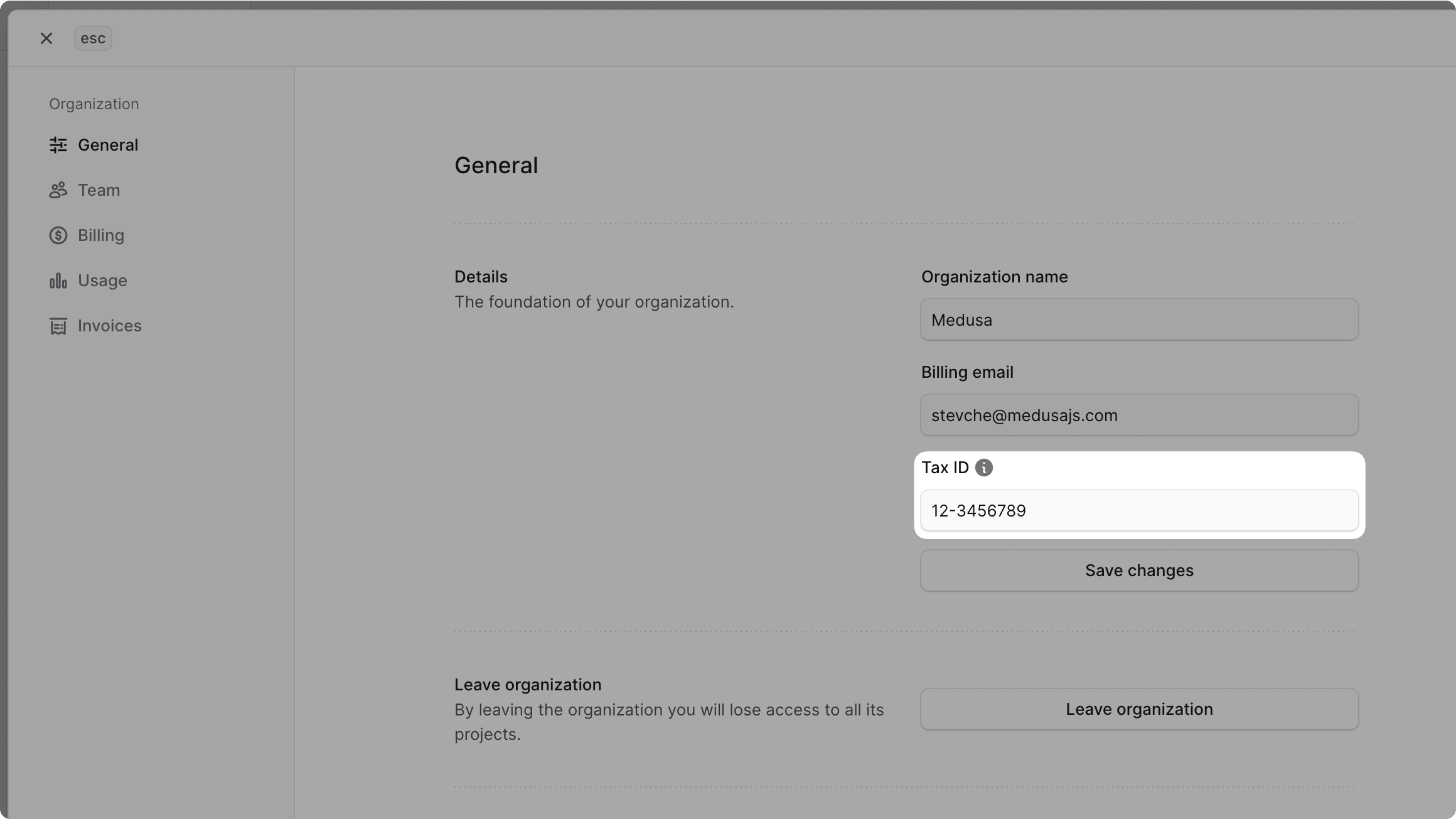 Tax ID field highlighted in the General settings