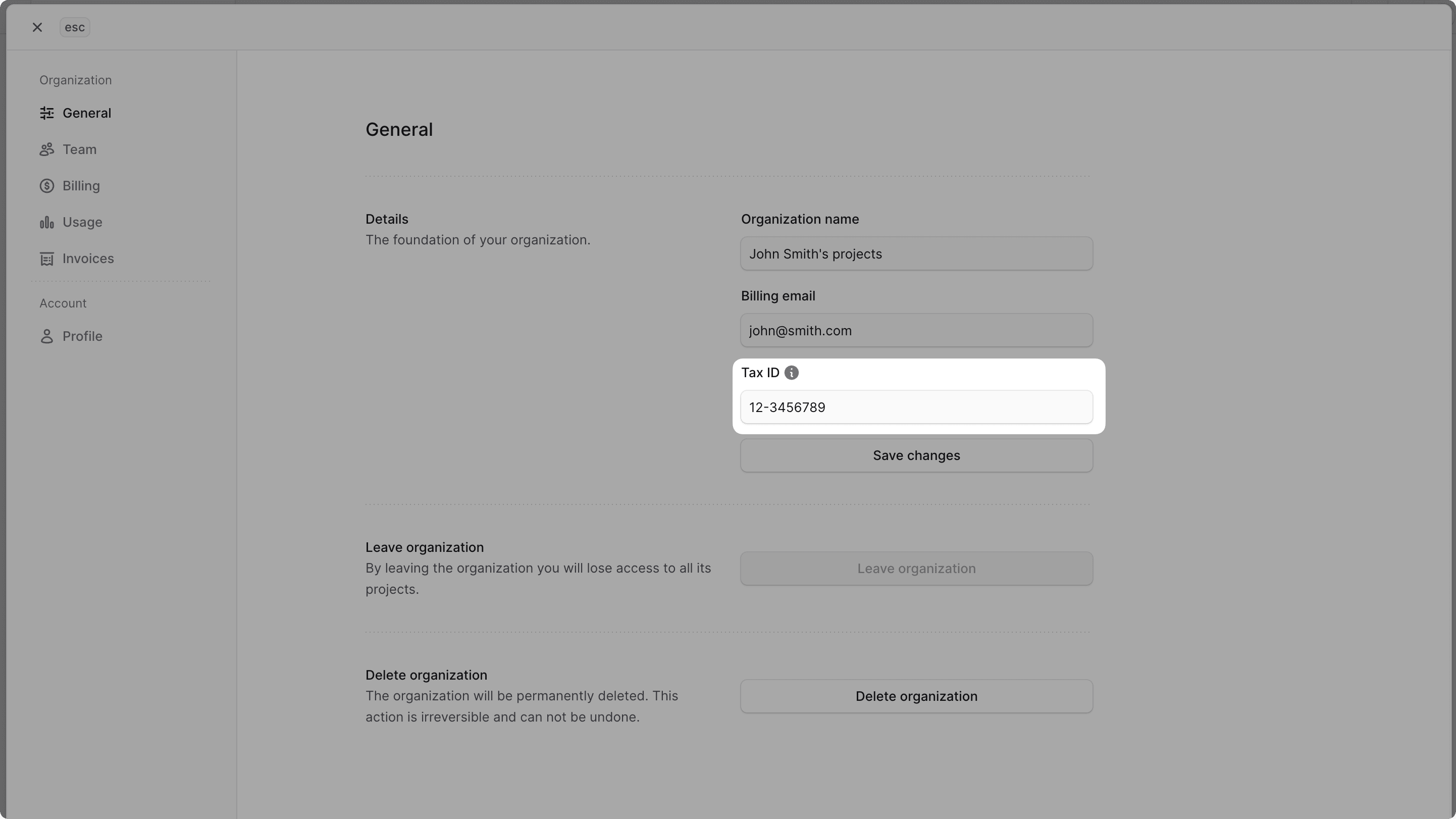 Tax ID field highlighted in the General settings