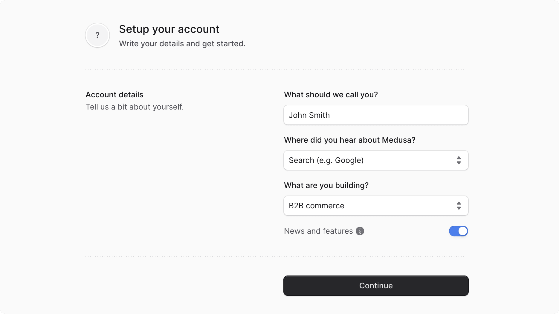 Account details form with name, referral, use case, and newsletter options
