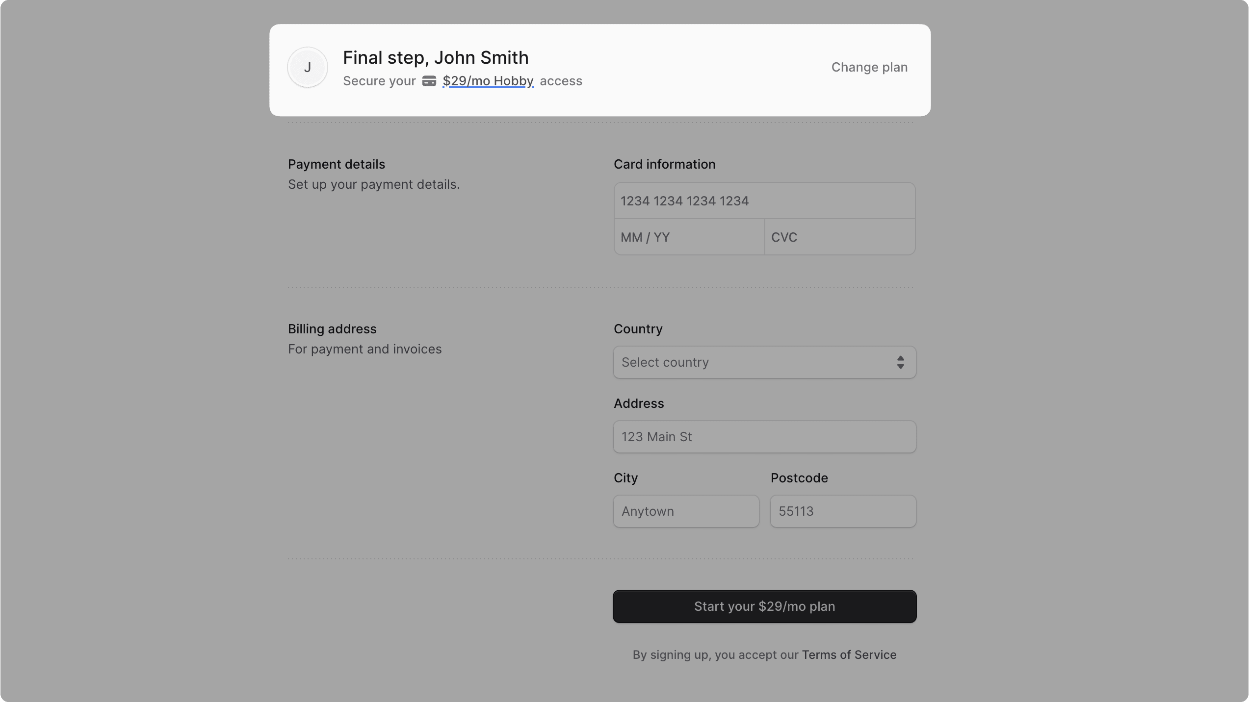 Plan section with the Hobby plan selected