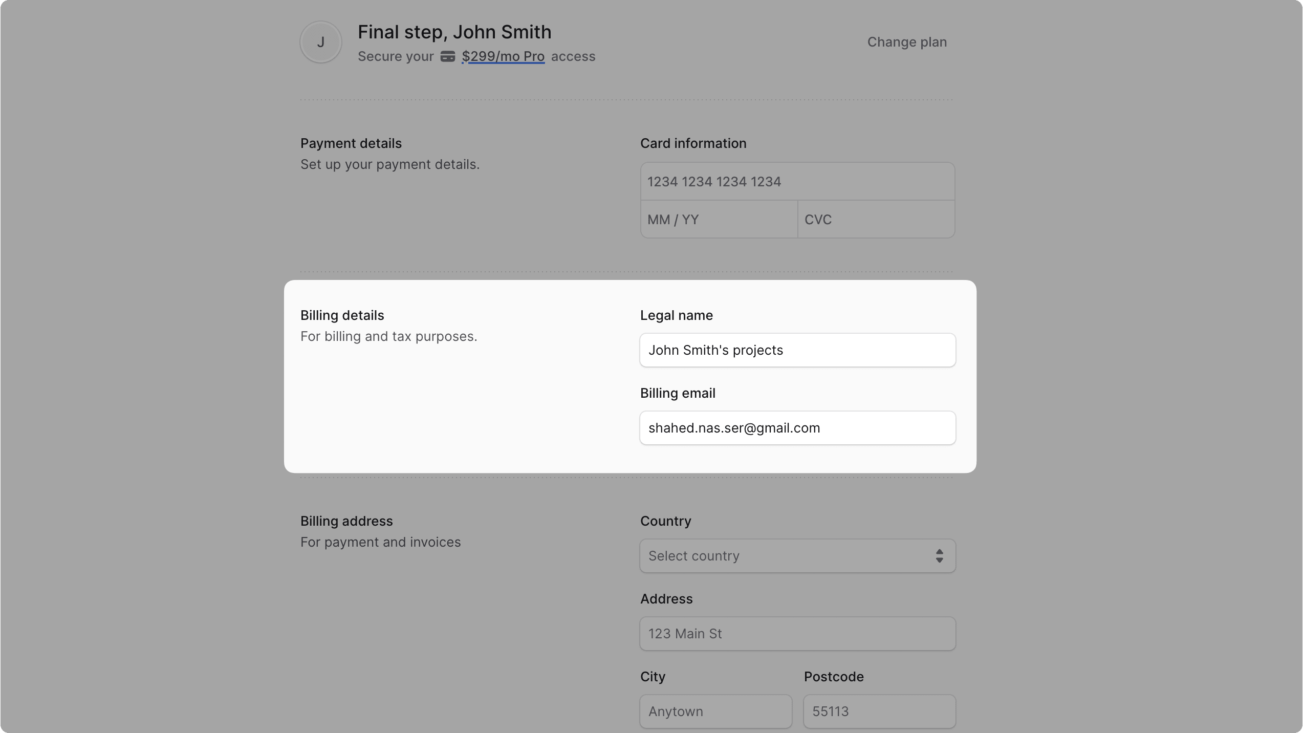 Billing details form with legal name and billing email fields