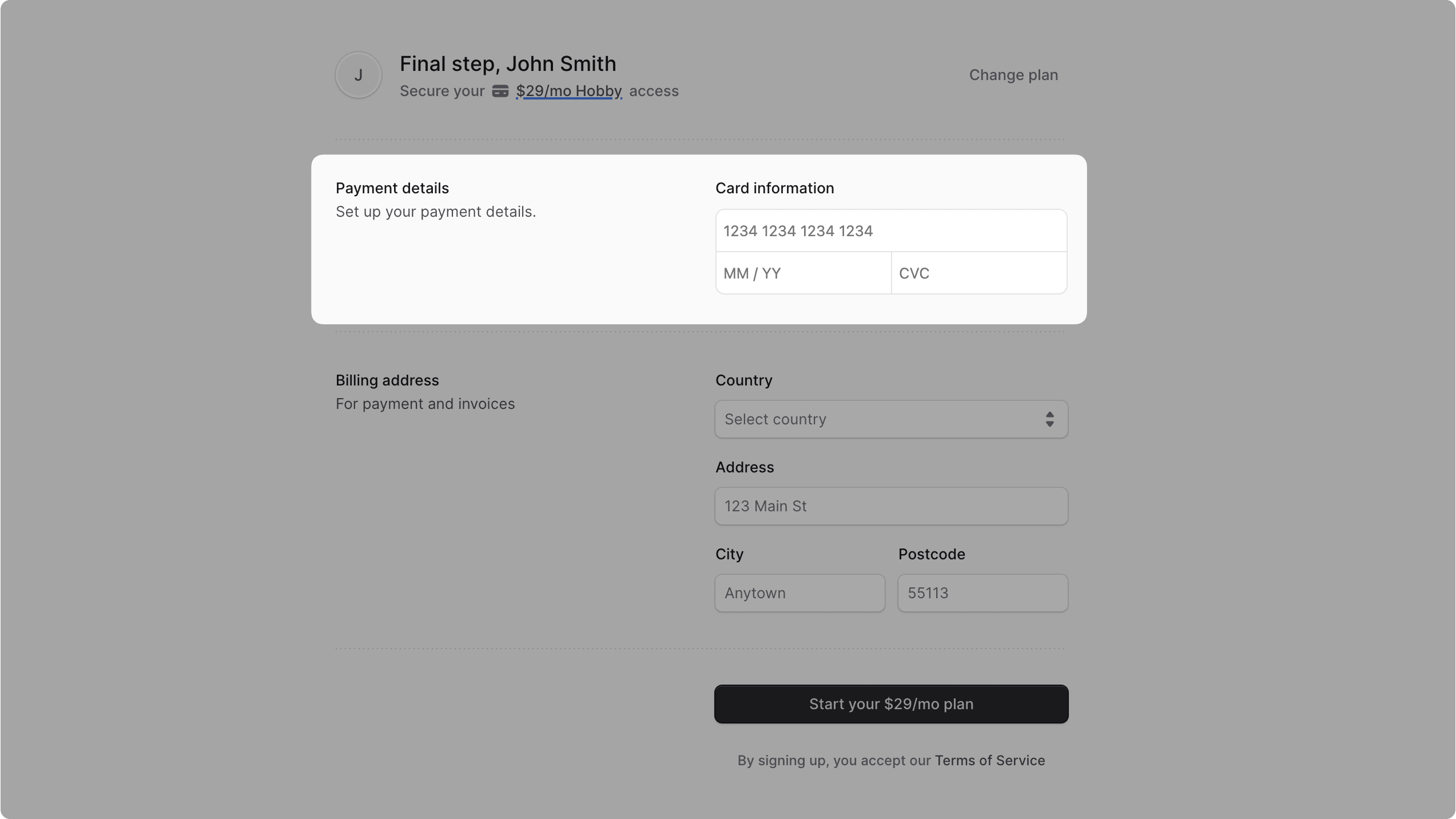 Payment details form with card number, expiry date, and CVC fields