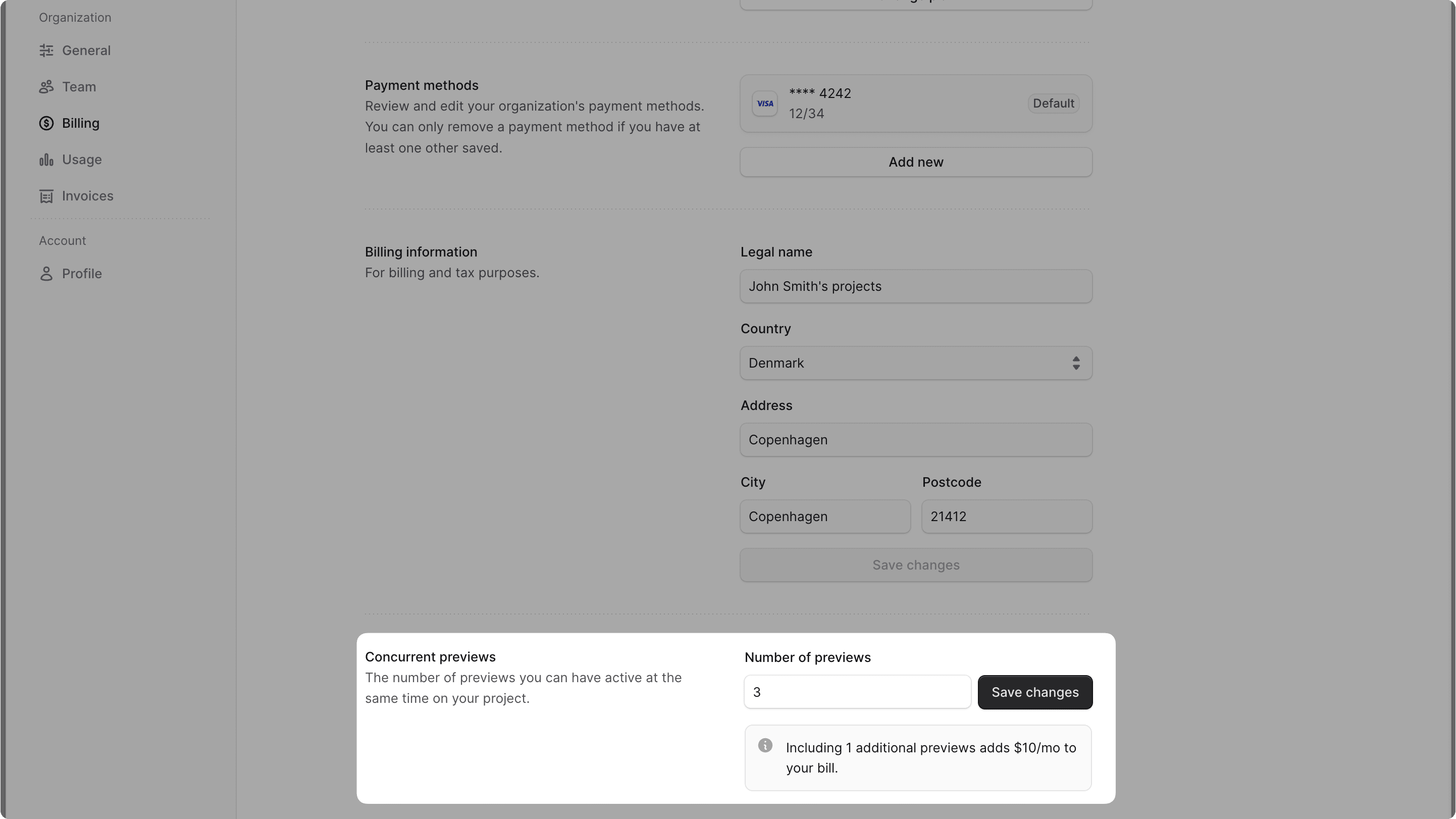 Concurrent previews section in the Billing settings