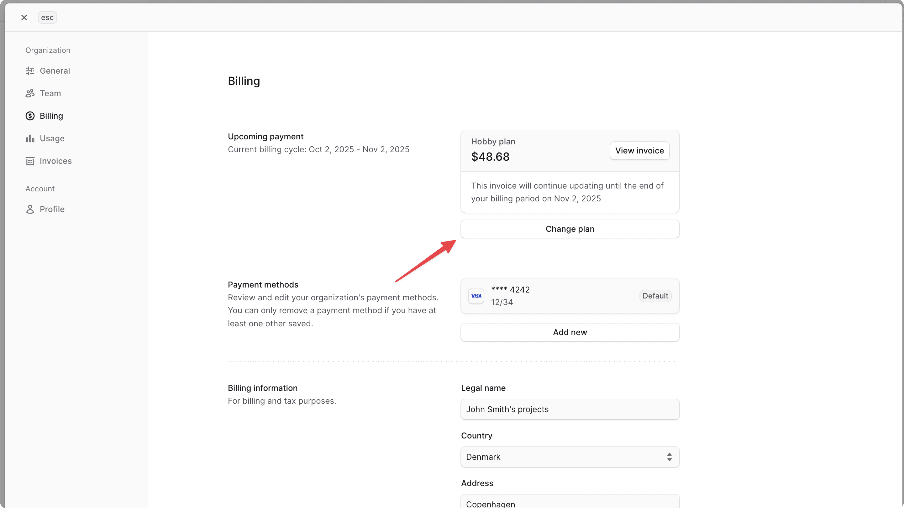 Change plan button in the Billing settings