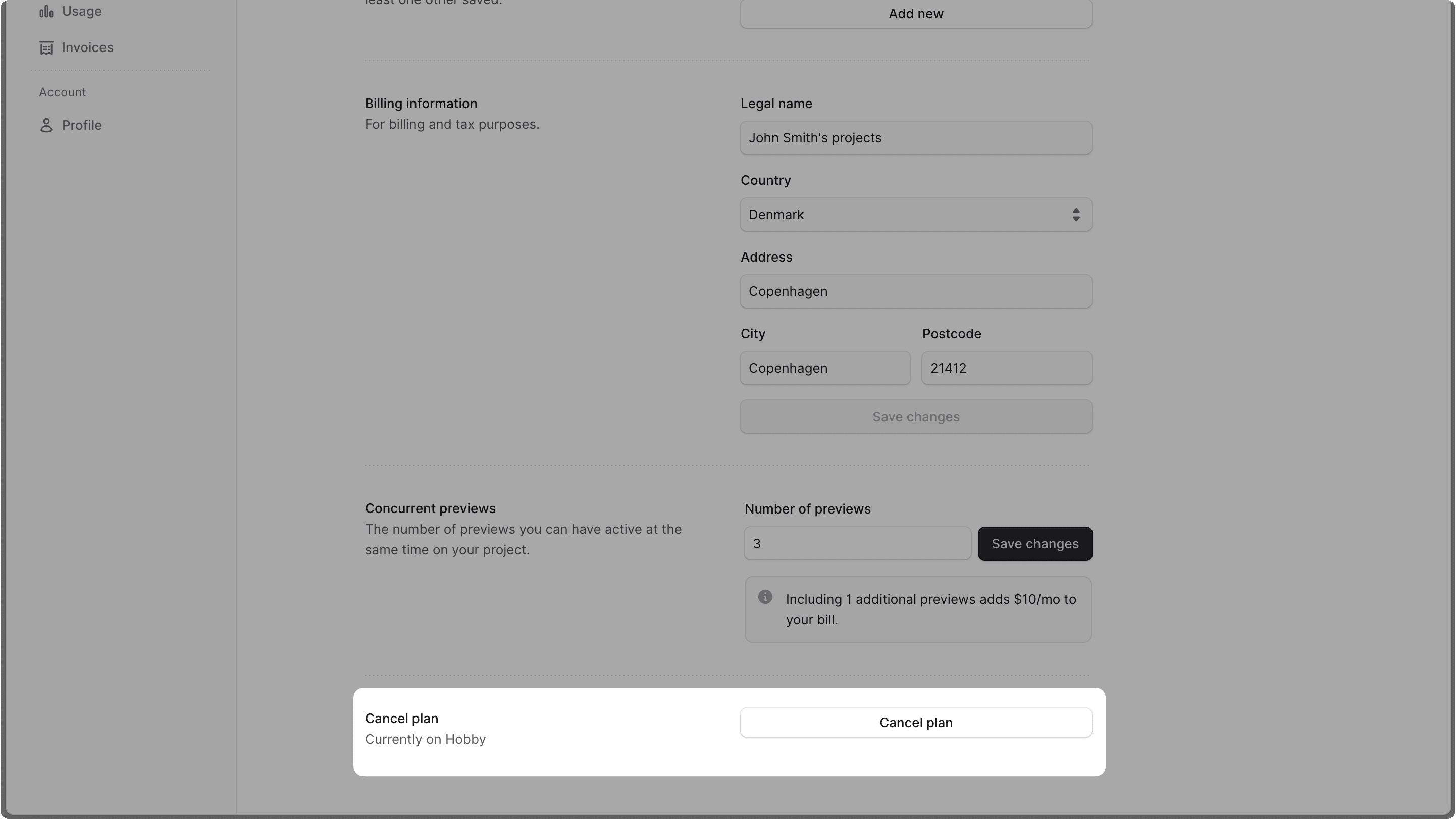 Cancel plan section in the Billing settings