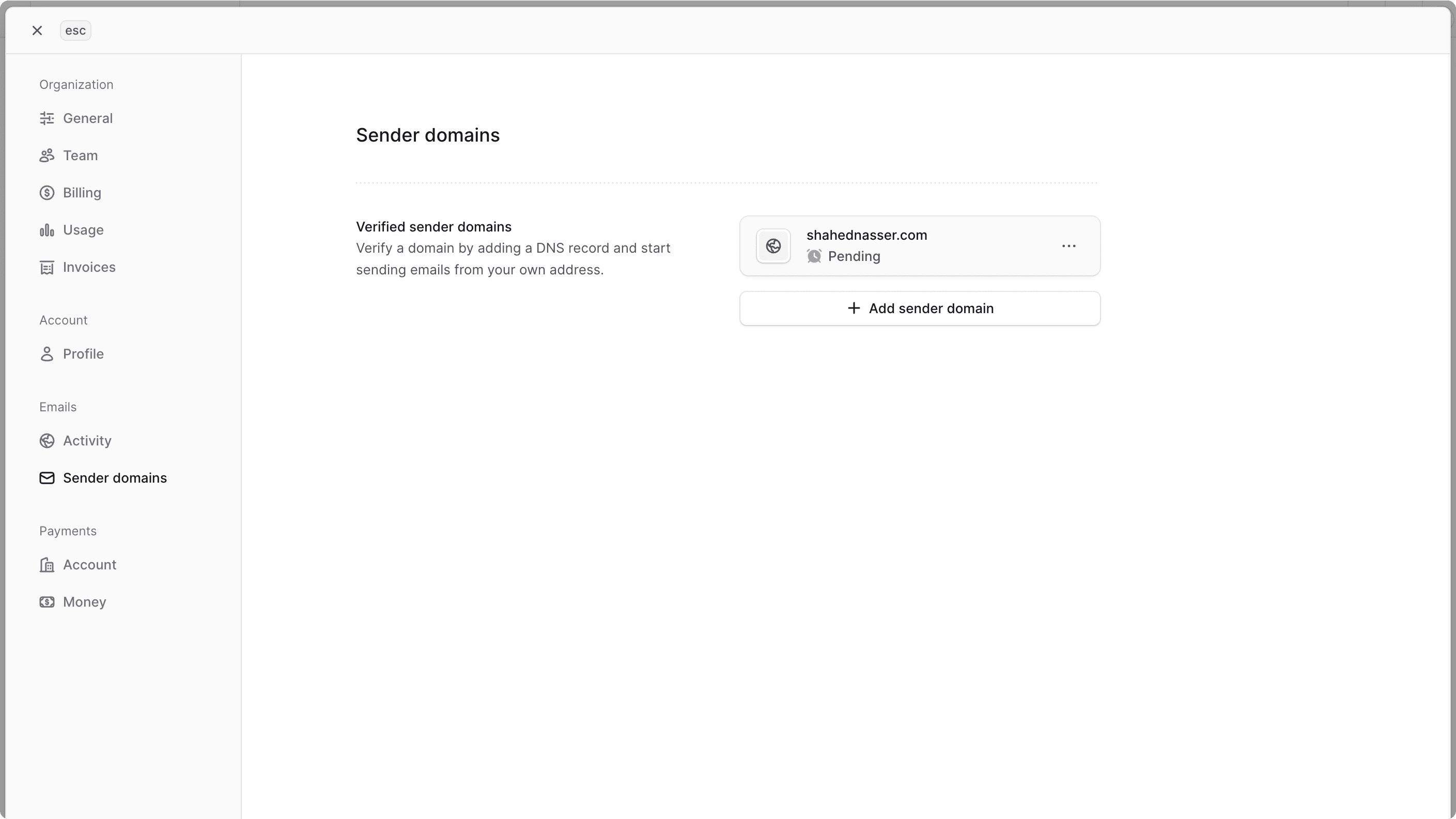 Sender Domains page with the sender domain added