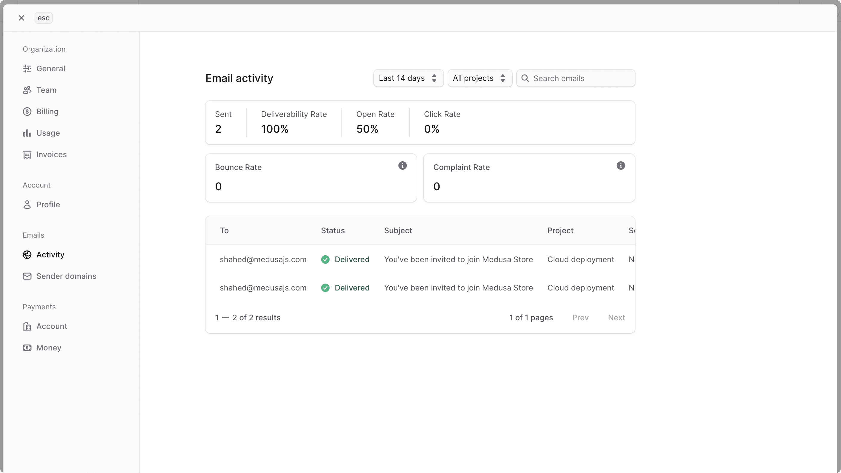 Email Activity page showing email sending statistics and a list of sent emails