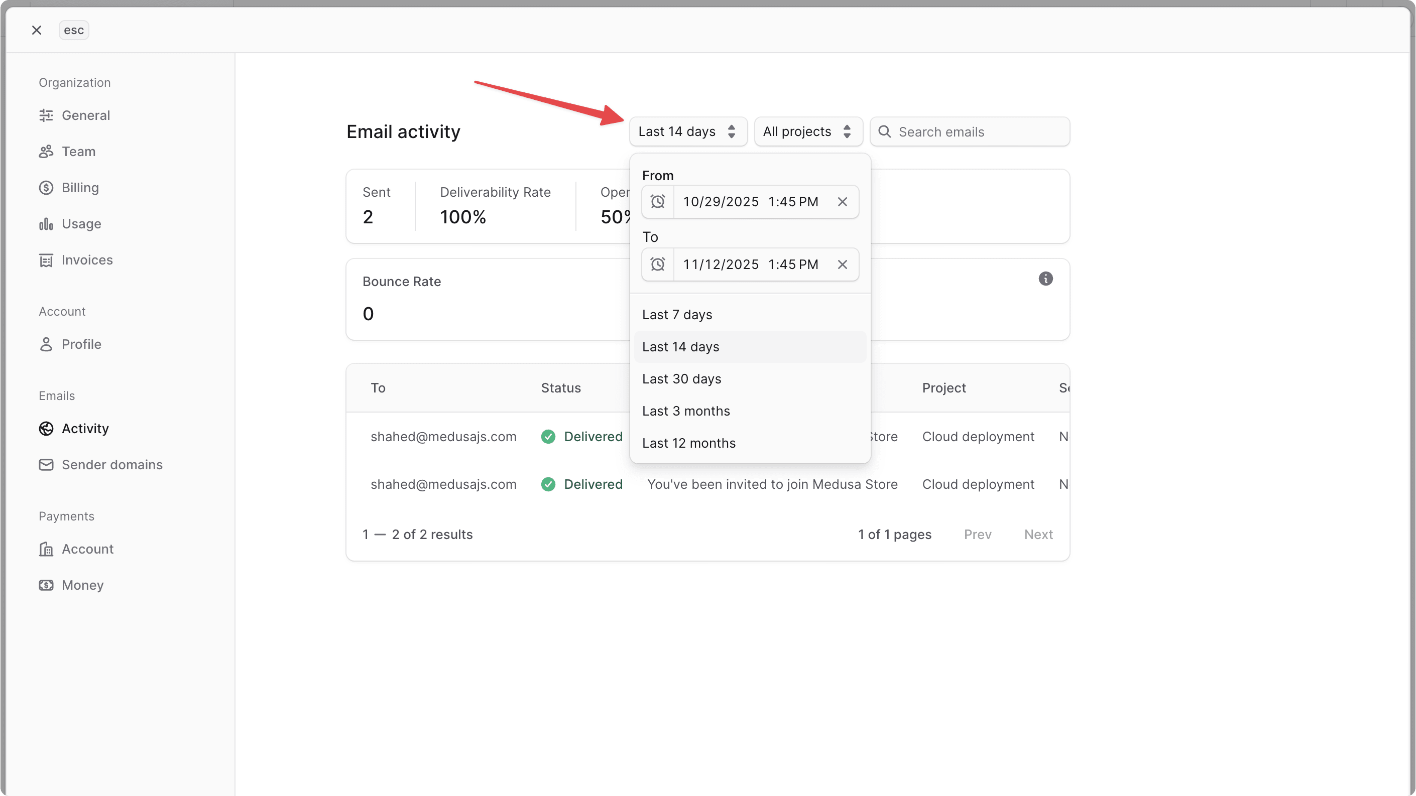 Time range dropdown opened on the Email Activity page