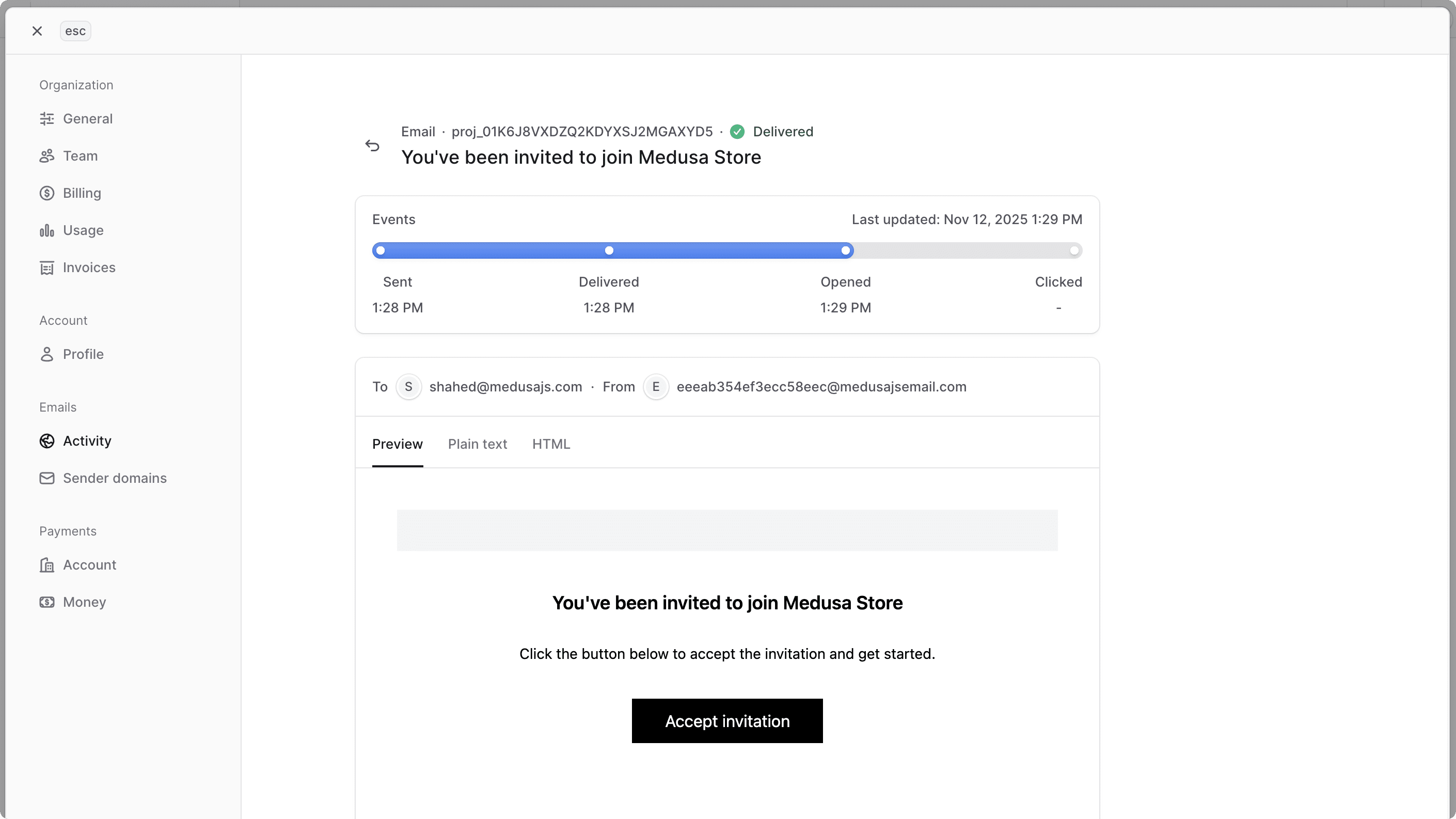 Email Details page showing the email's event history and a preview of the email content