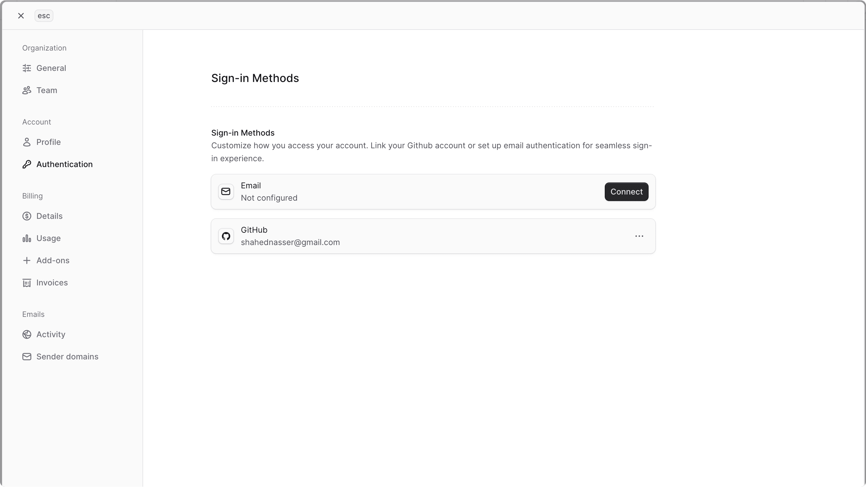 The Authentication settings with the Sign-in methods section