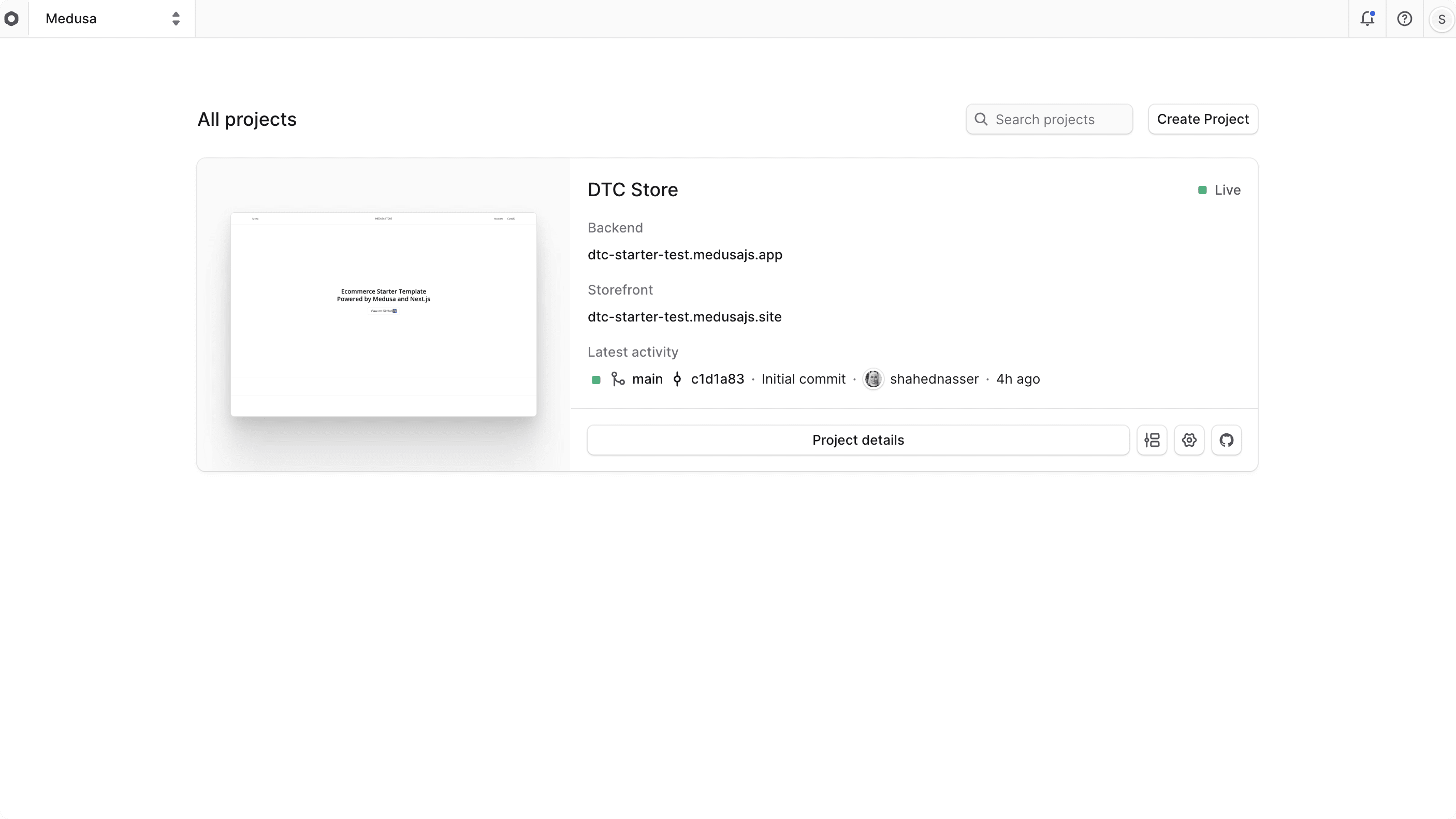 The organization dashboard with a project in the list of projects