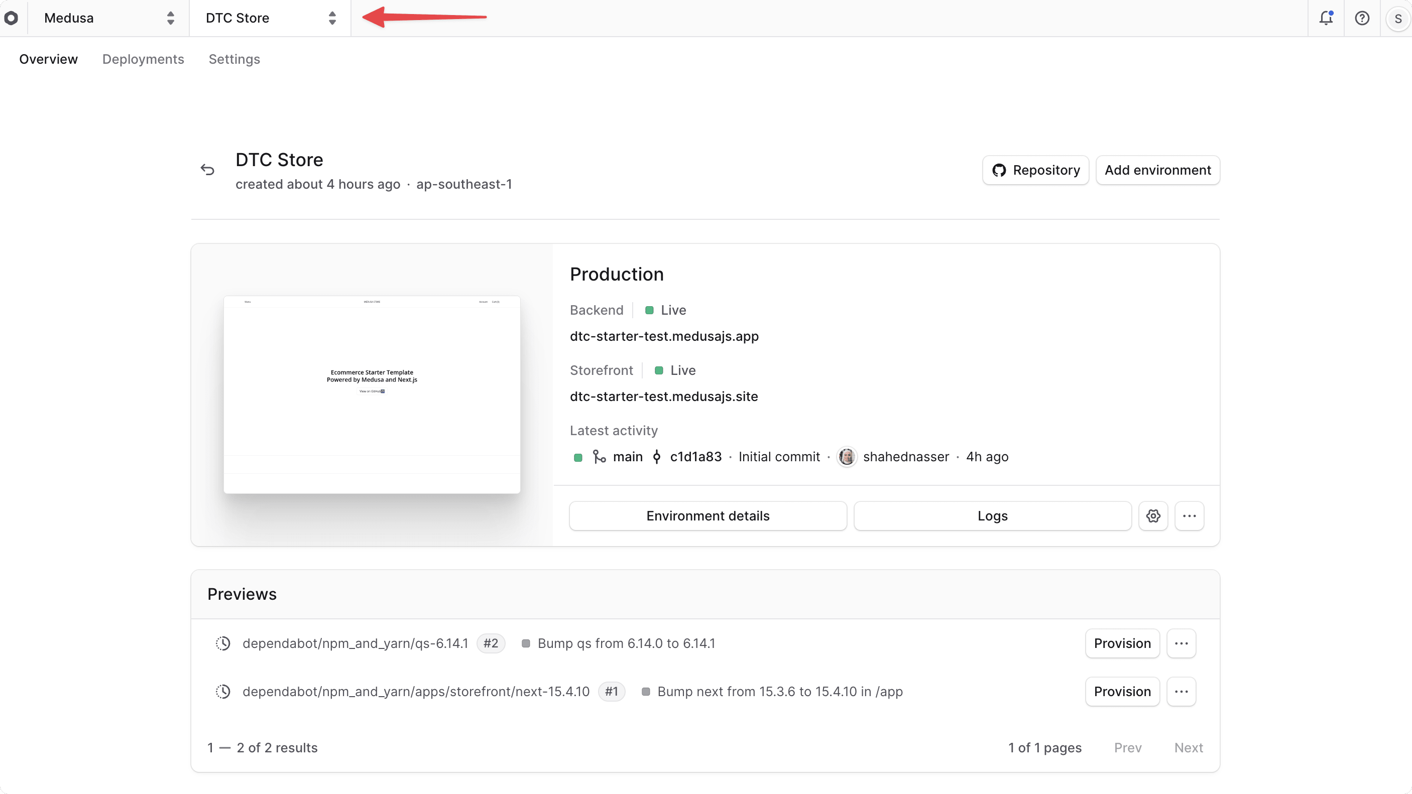 The project name at the top left of the Cloud dashboard
