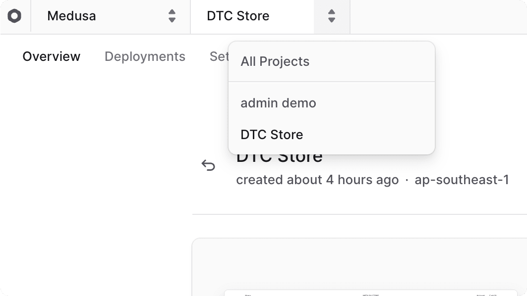 Project switcher at the top left of the Cloud dashboard