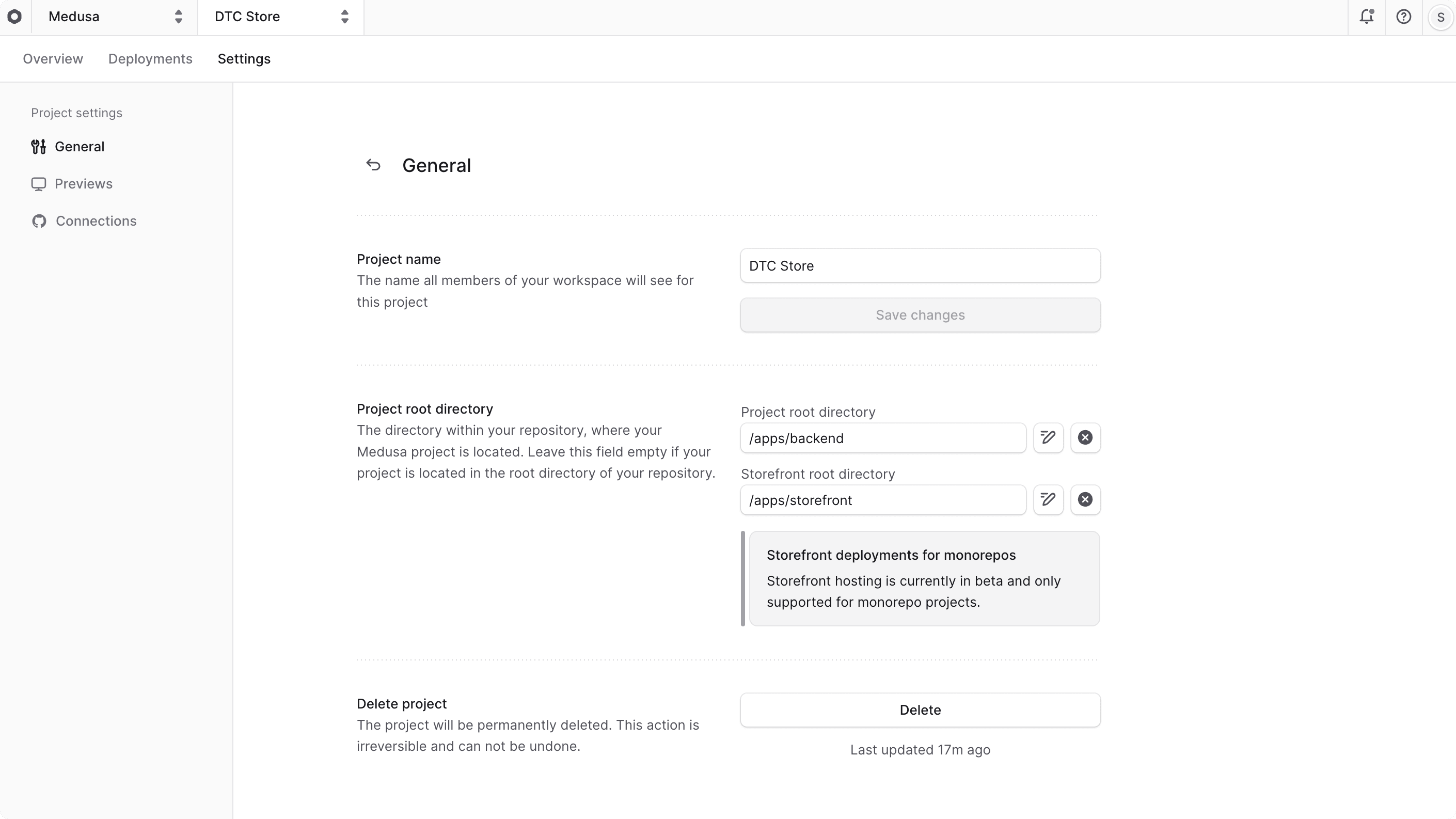 The project settings with the General tab selected