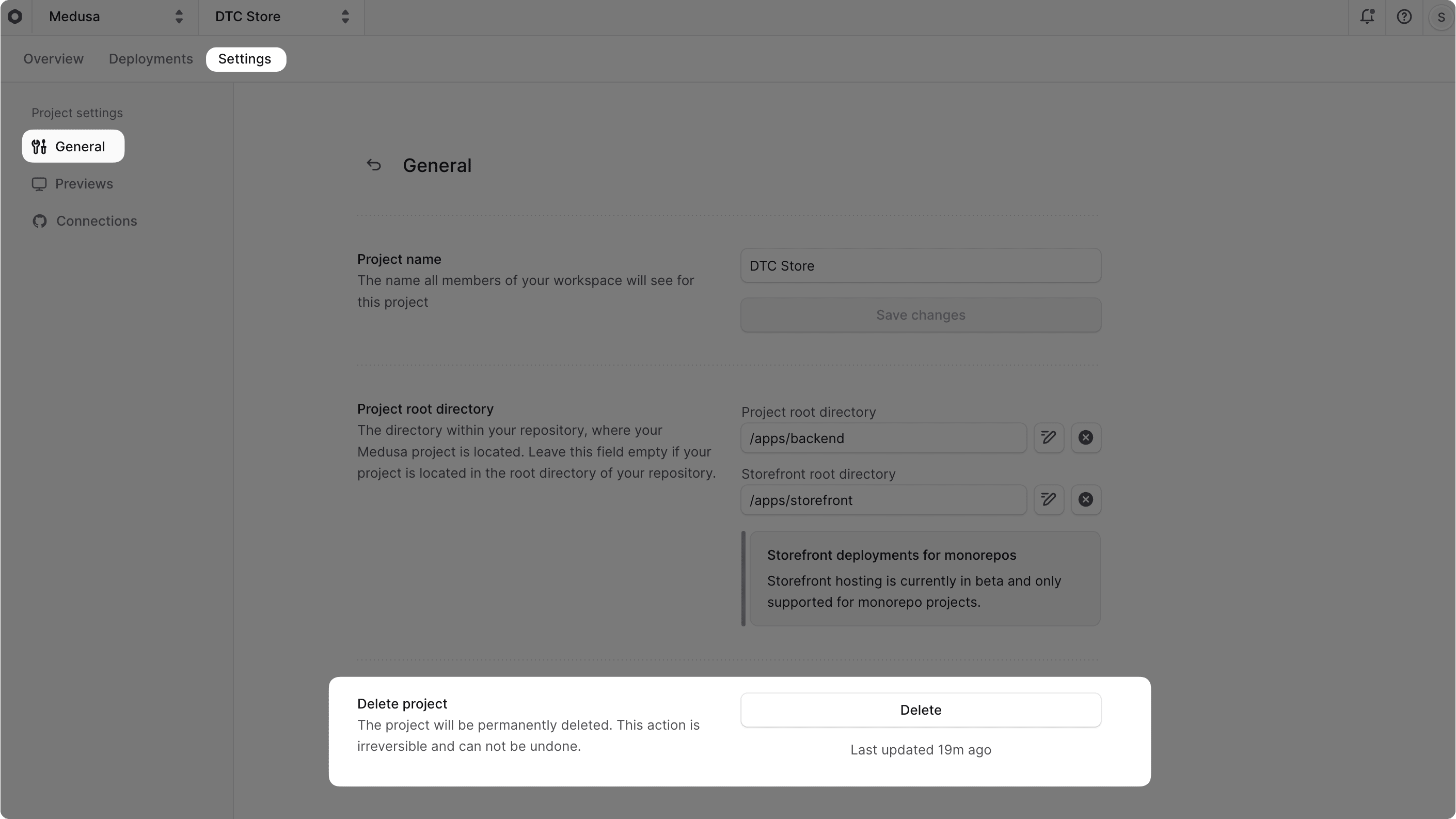 The project settings with the General tab selected and the Delete project section highlighted