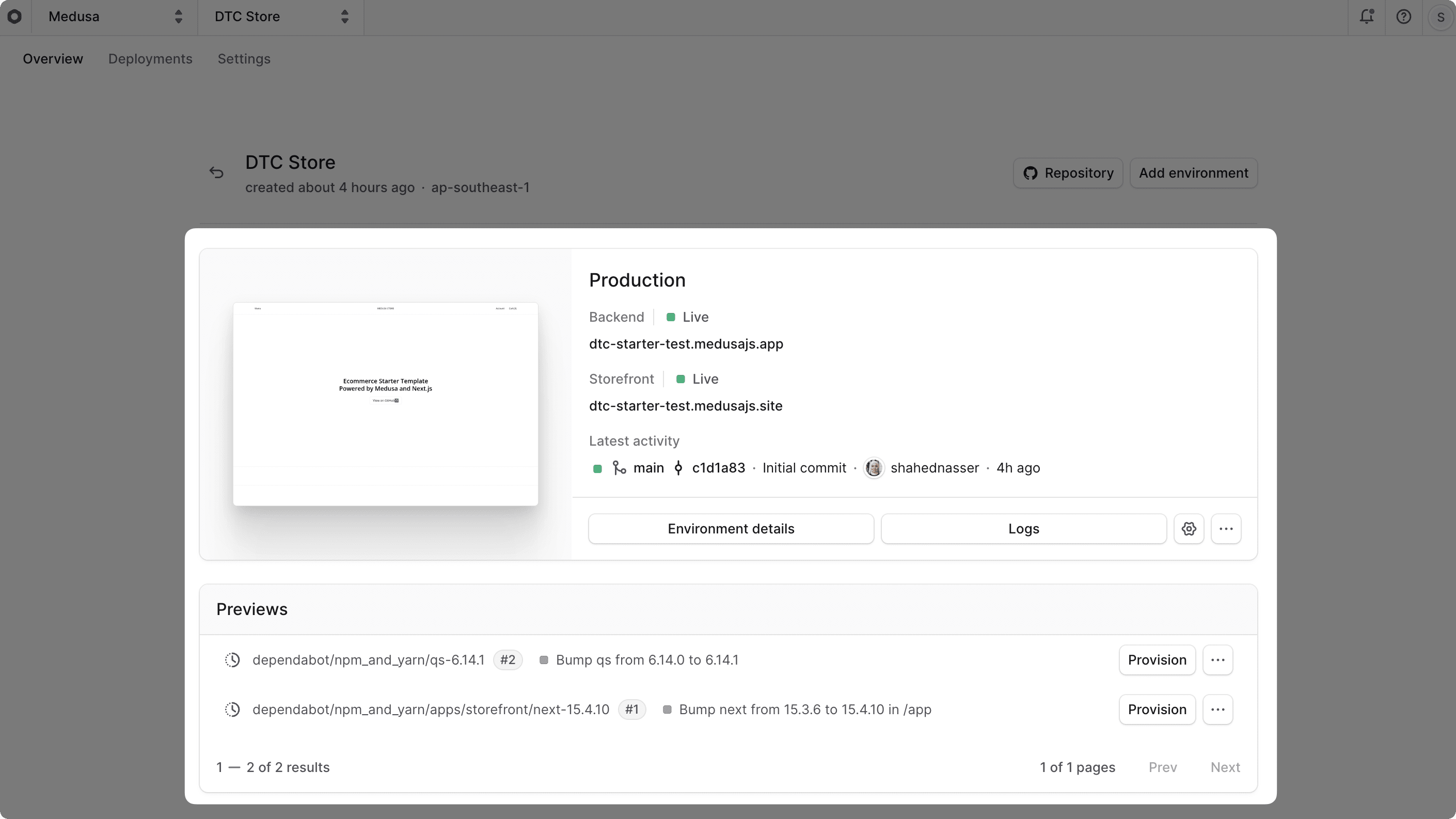 Project dashboard showing the environment cards