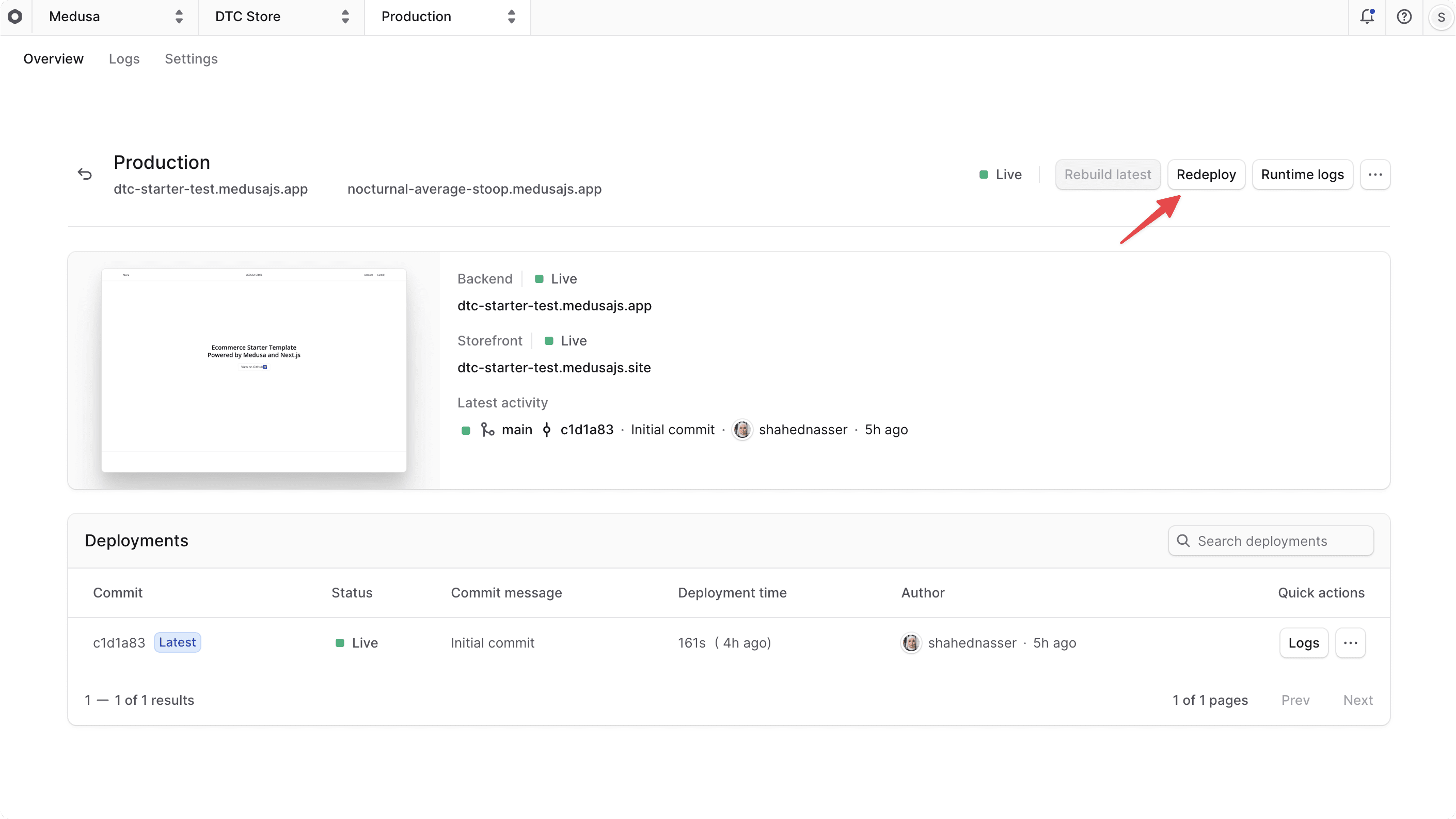 Redeploy button at the top right of the environment's dashboard
