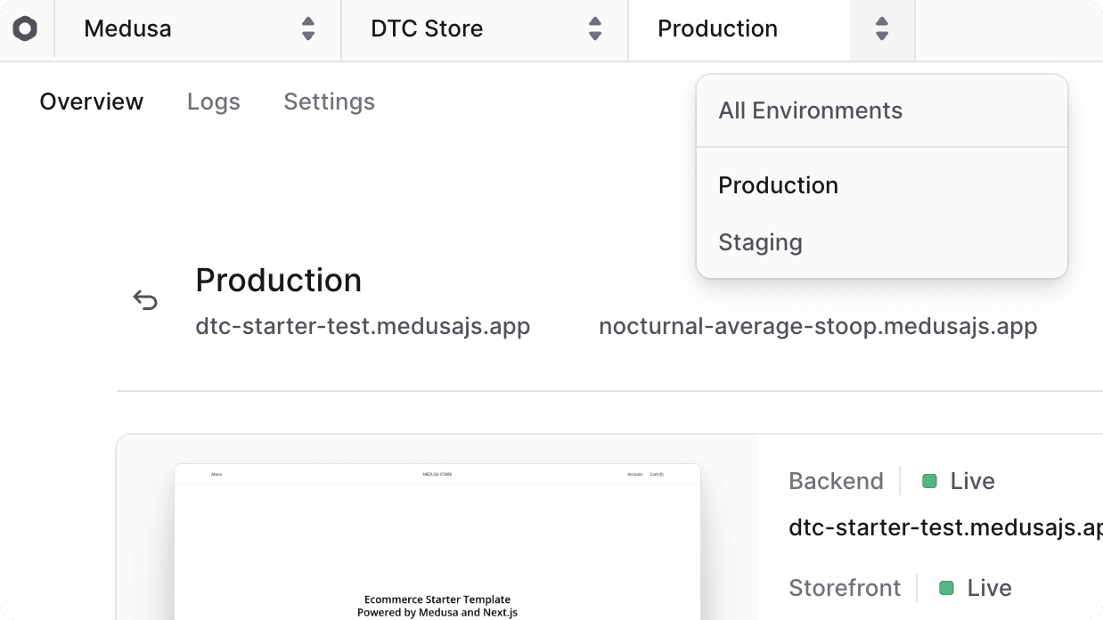 Environment switcher dropdown at the top of the dashboard