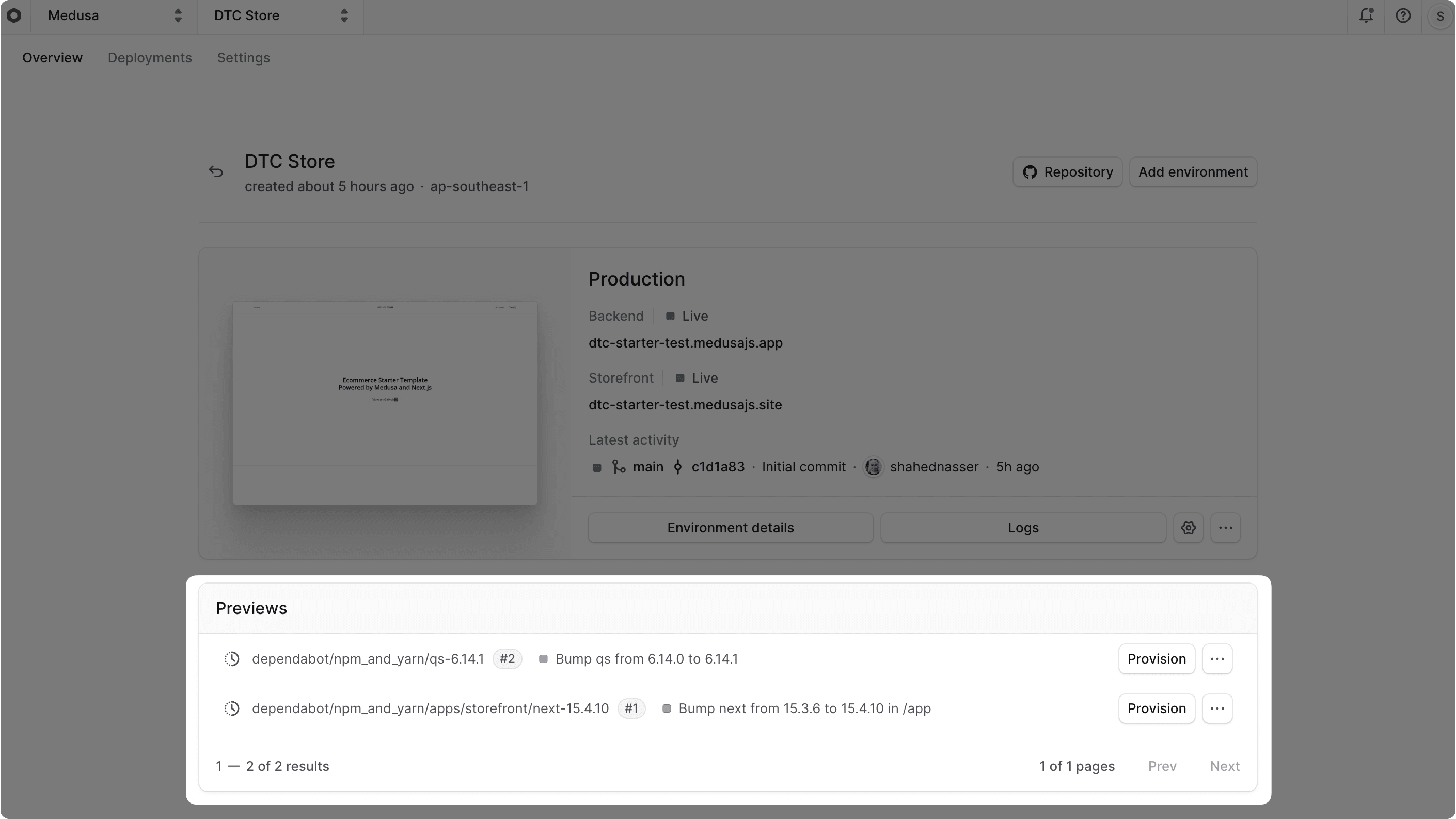 Project dashboard with the Previews card highlighted