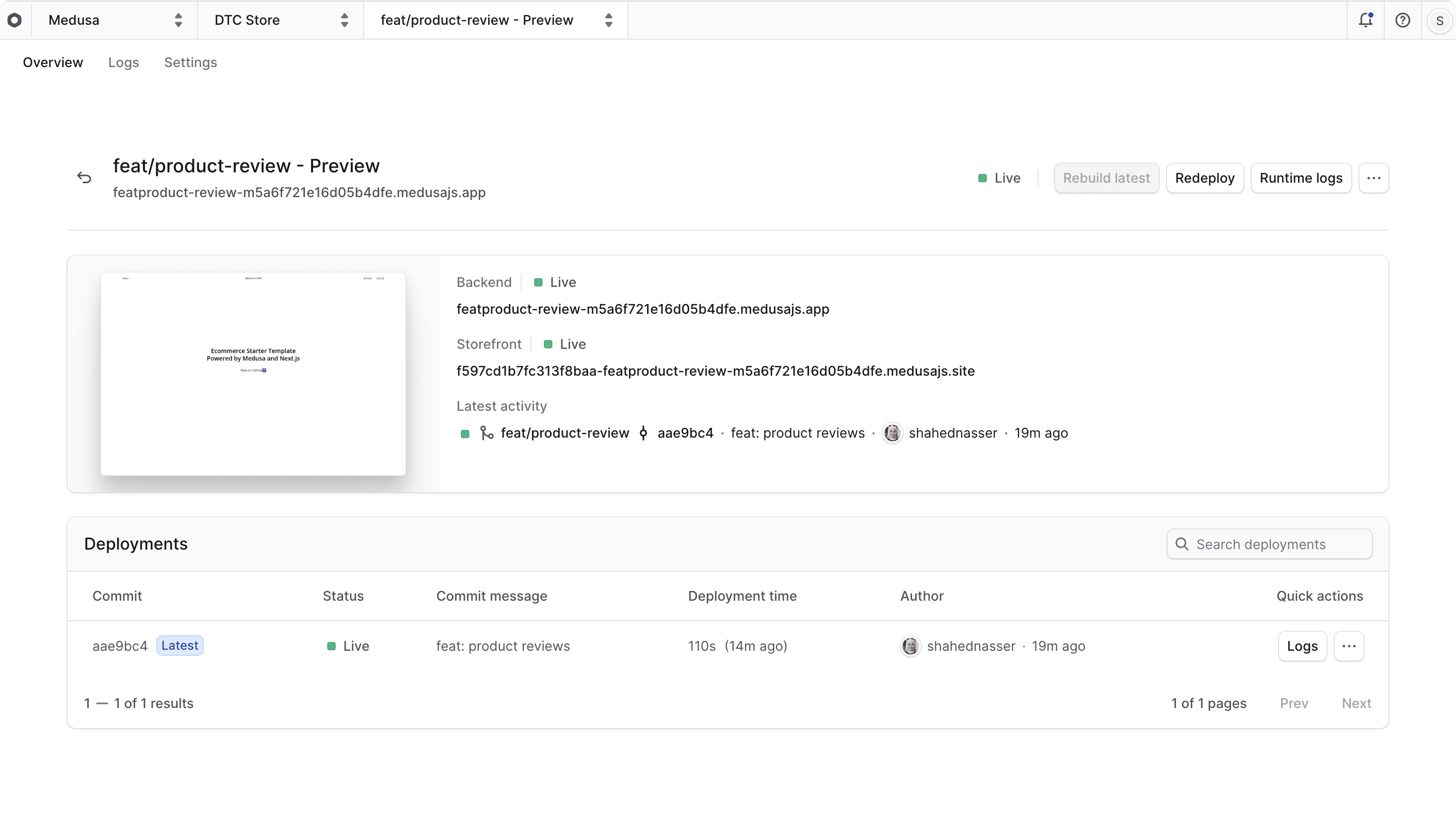 Preview environment dashboard