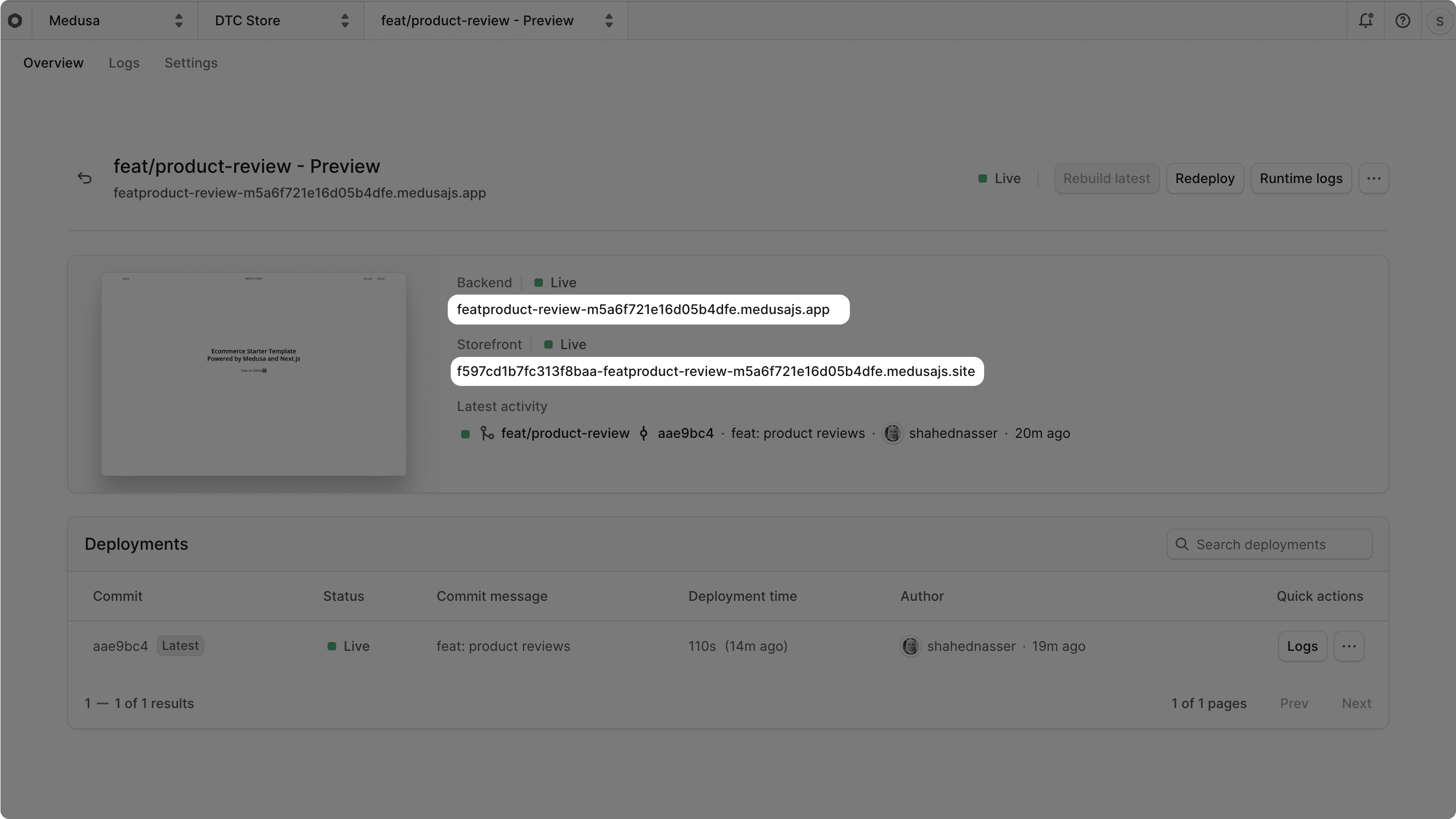 Preview button in the project's dashboard
