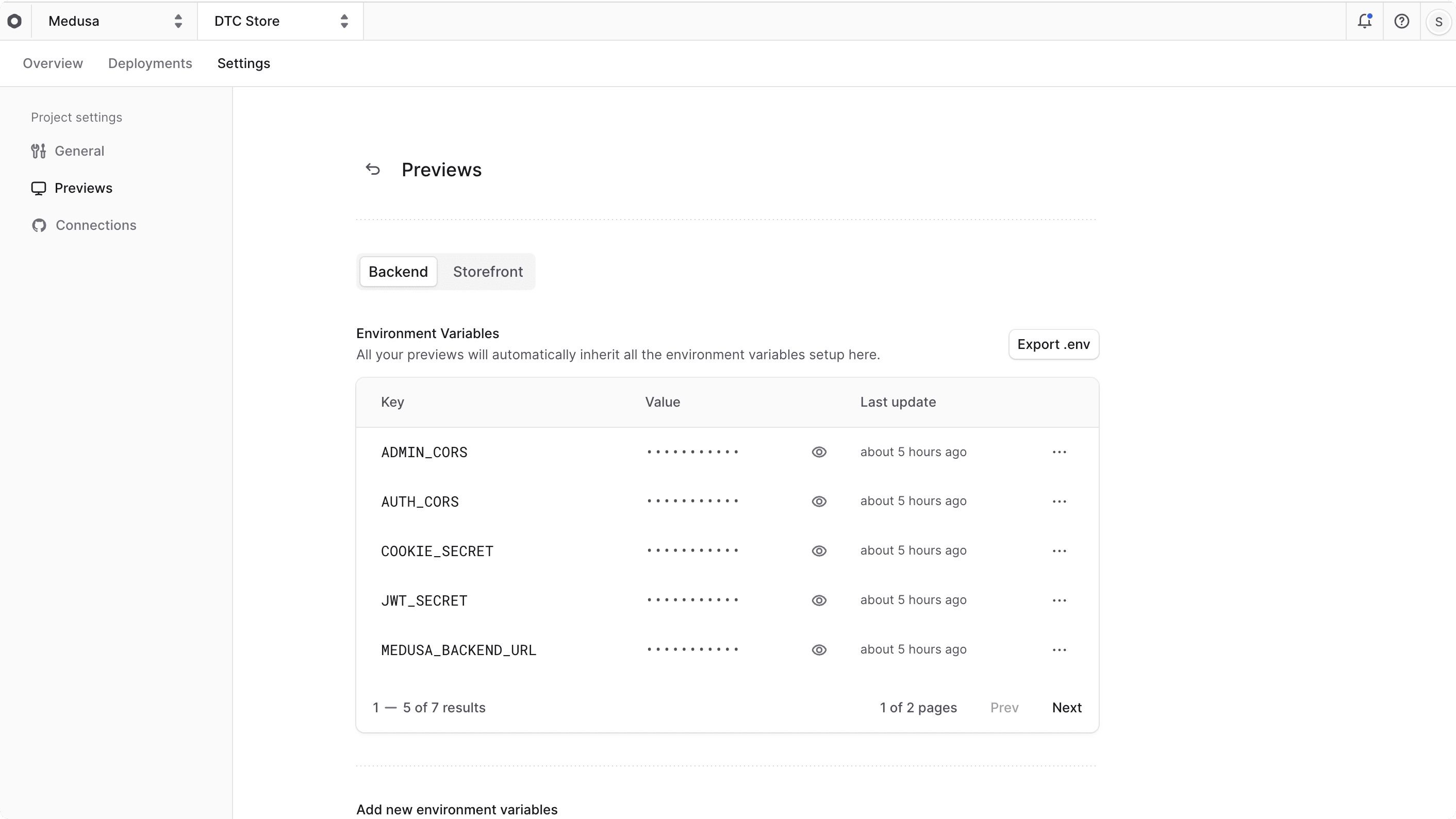 Previews settings in the project's settings tab