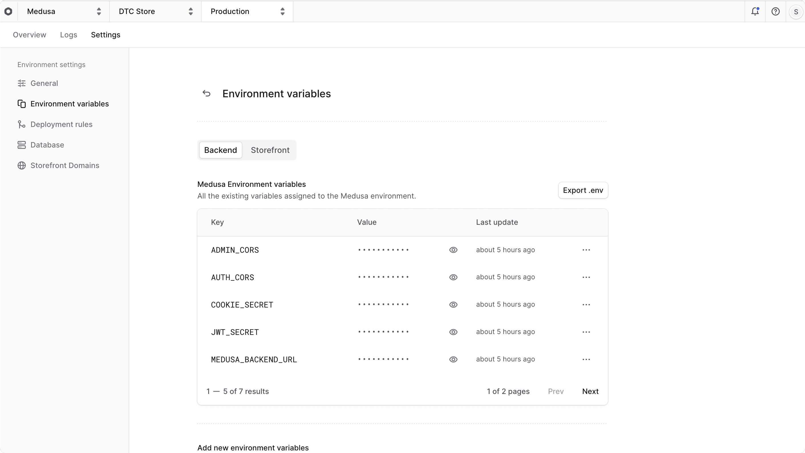 Environment variables section in the environment's settings tab