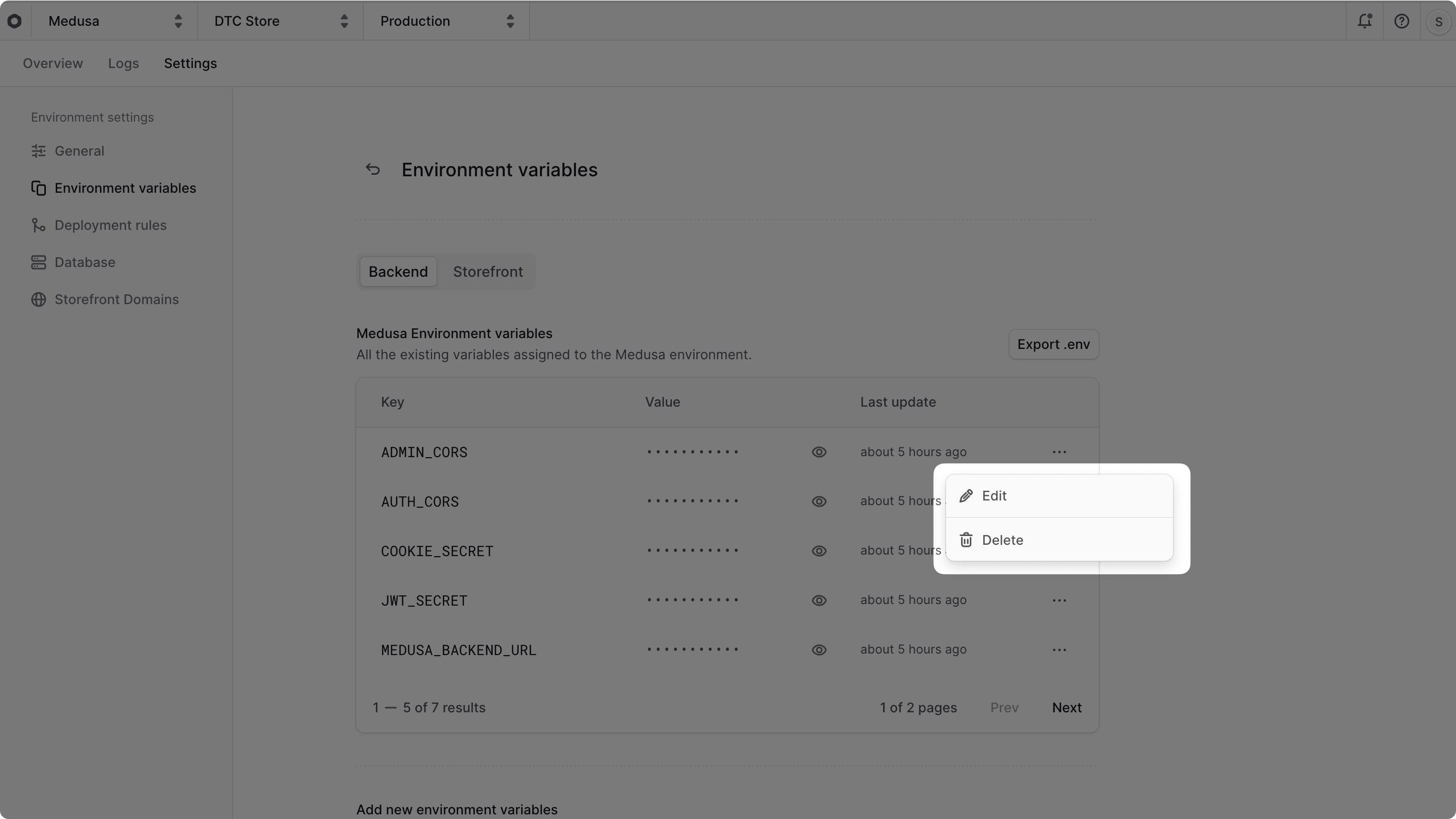 Edit environment variable in the environment's settings tab